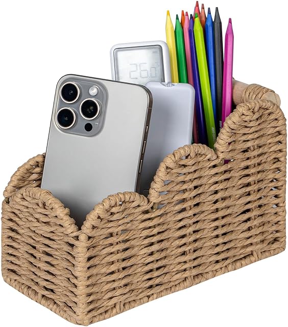 CubesLand Bureau de table de chevet Organisateur Caddy, Remote Pen & Pencil Holder Cup, Porte brosse de maquillage avec/Scalloped Parfait pour la maison, bureau, salon Table Décor, 3 Fentes Neutre