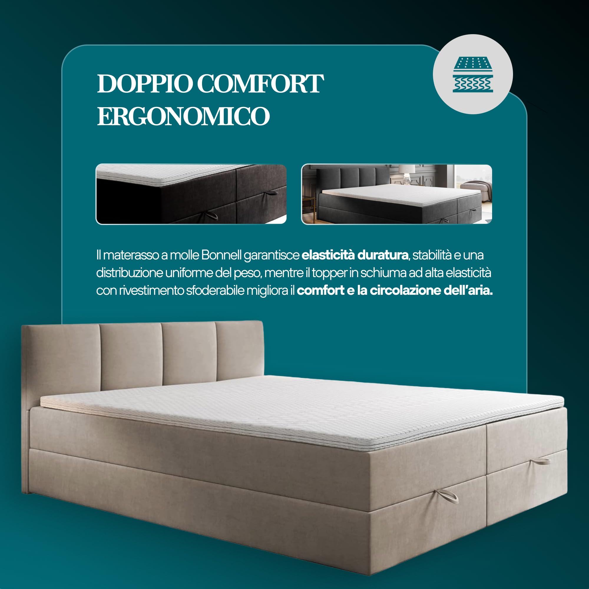 TRADA Matrimoniale con Contenitore 200x200 cm e Materasso Bonell - ROYAL - Letto Elegante con Topper 5 cm - Grigio
