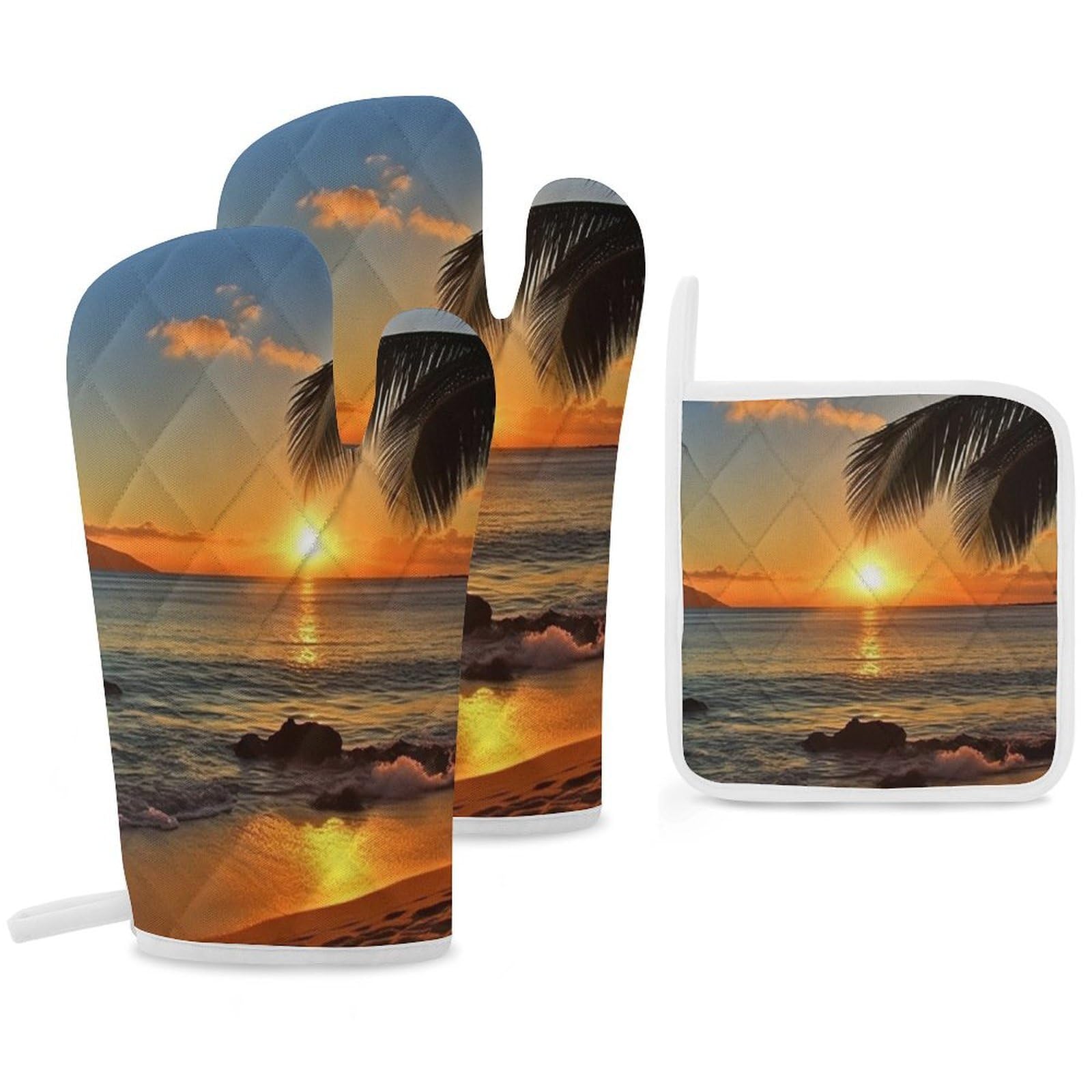 Oven Mitts and Pot Holders Set of 3 Heat Resistant Non-Slip Kitchen Gloves Hot Pads Sunrise at Hawaii Mittens Gloves Non-Slip Potholders for Cooking Baking Grilling BBQ
