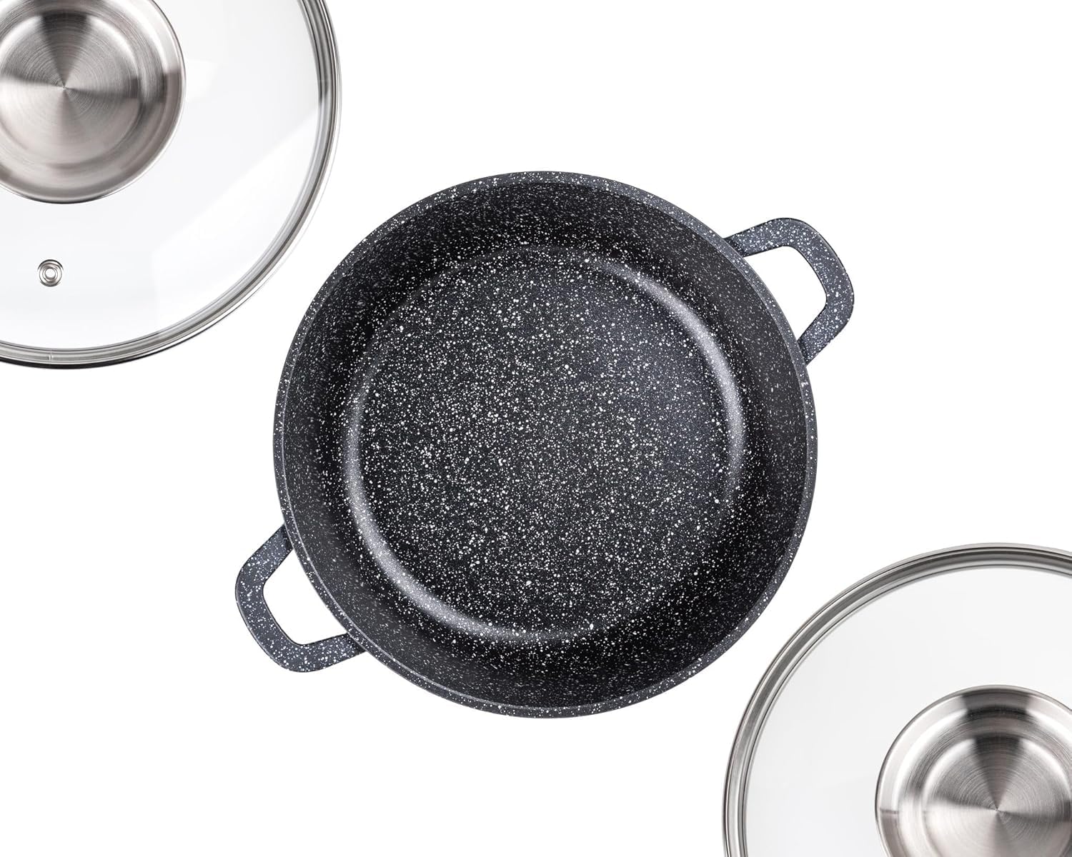 Masterpan 12-częściowy zestaw garnków – czarna marmurkowa powłoka nieprzywierająca, garnki indukcyjne, z pokrywkami, nowoczesne wzornictwo kuchni