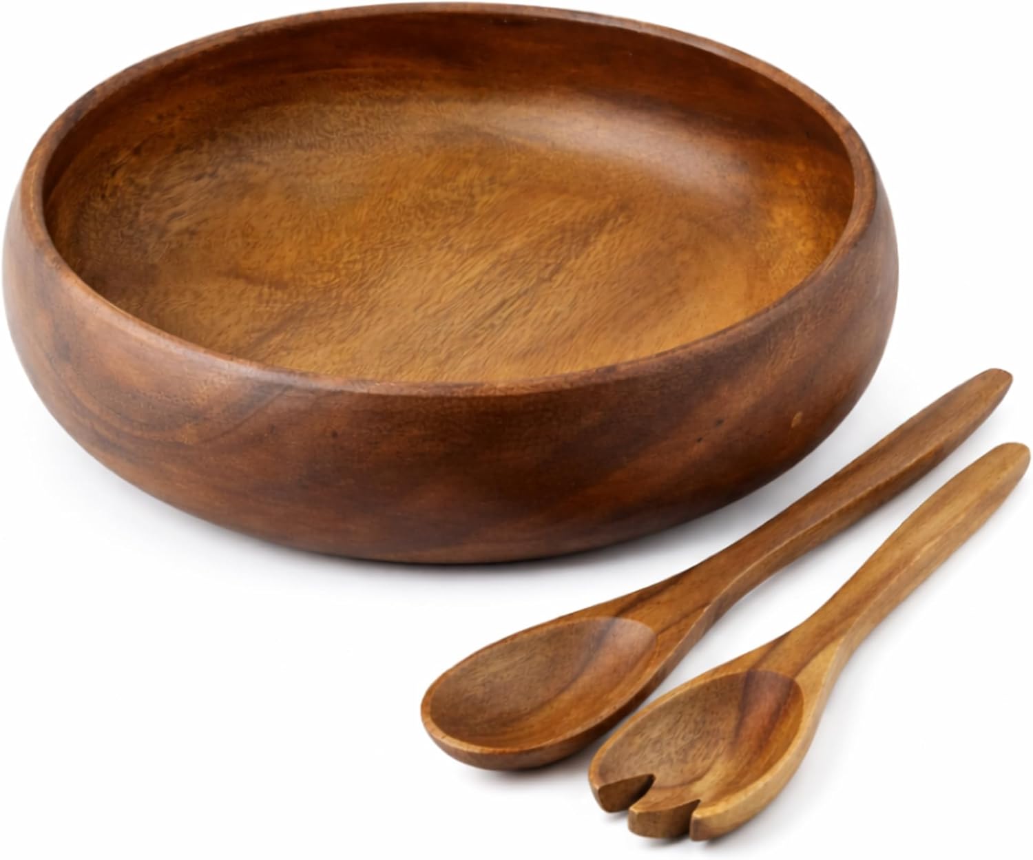 Handcrafted Hawaiian Acacia Wood Salad Bowl Set – 10” Round Wooden Bowl with Servers – Durable, Food-Safe, Eco-Friendly