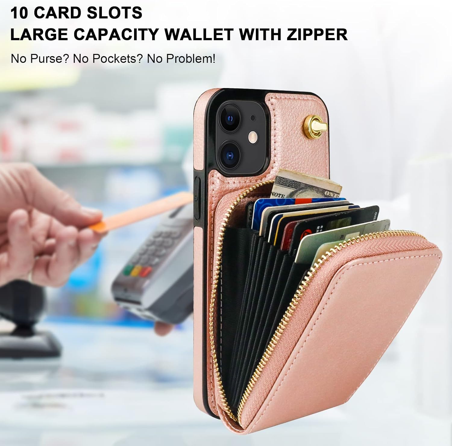 KIHUWEY Crossbody Wallet Case for iPhone 12/12 Pro, Zipper Pocket Case with Card Holder, PU Leather Protective Cover Case with Kickstand Detachable Wrist Strap Lanyard 6.1"(Rose Gold)