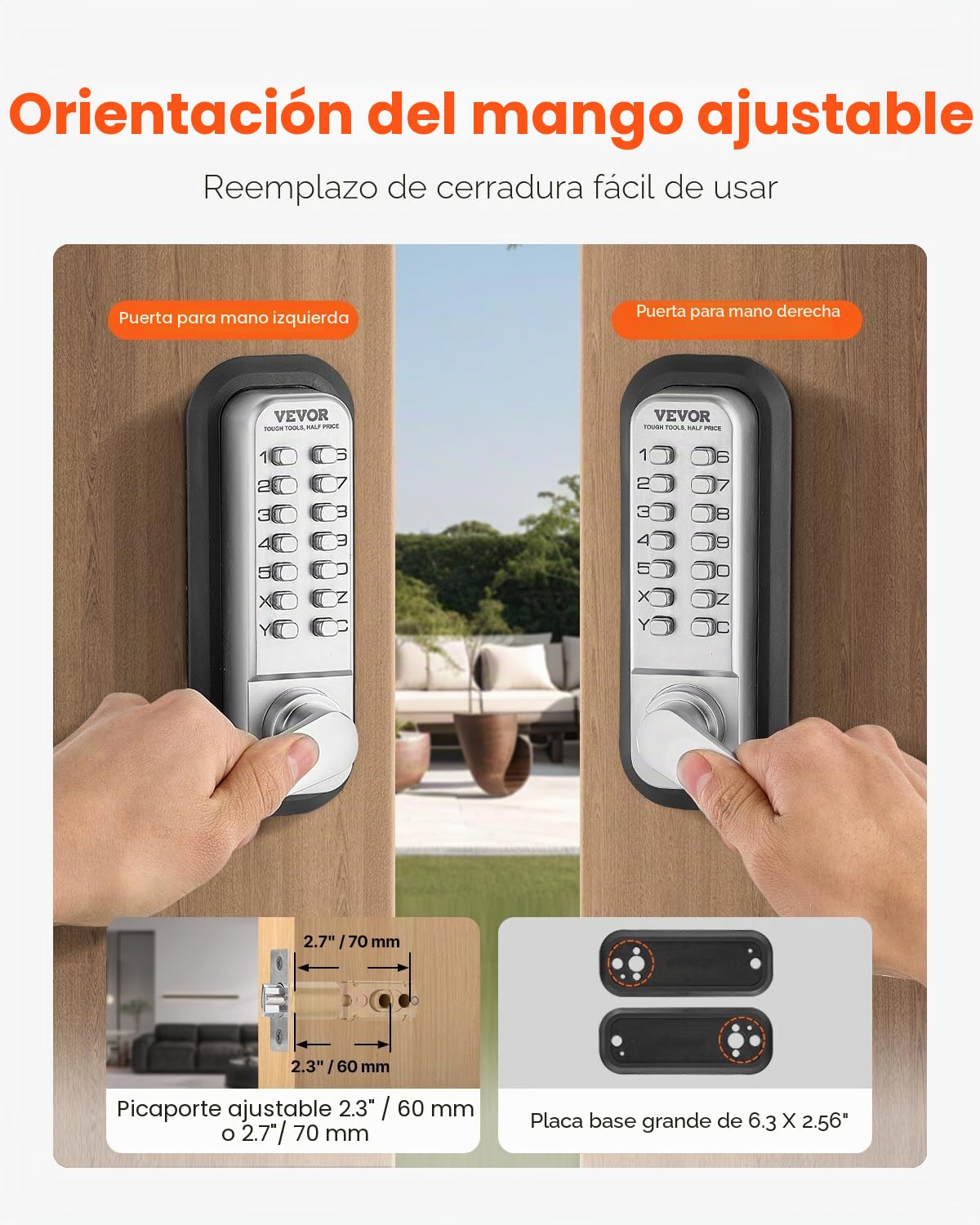 VEVOR Cerradura de Combinación Mecánica con Teclado de Una Cara 14 Teclas, Cerradura de Puerta sin Llave con Manija Adecuado para Puertas de 35 a 65 mm de Grosor para Oficina, Patio, Plateado