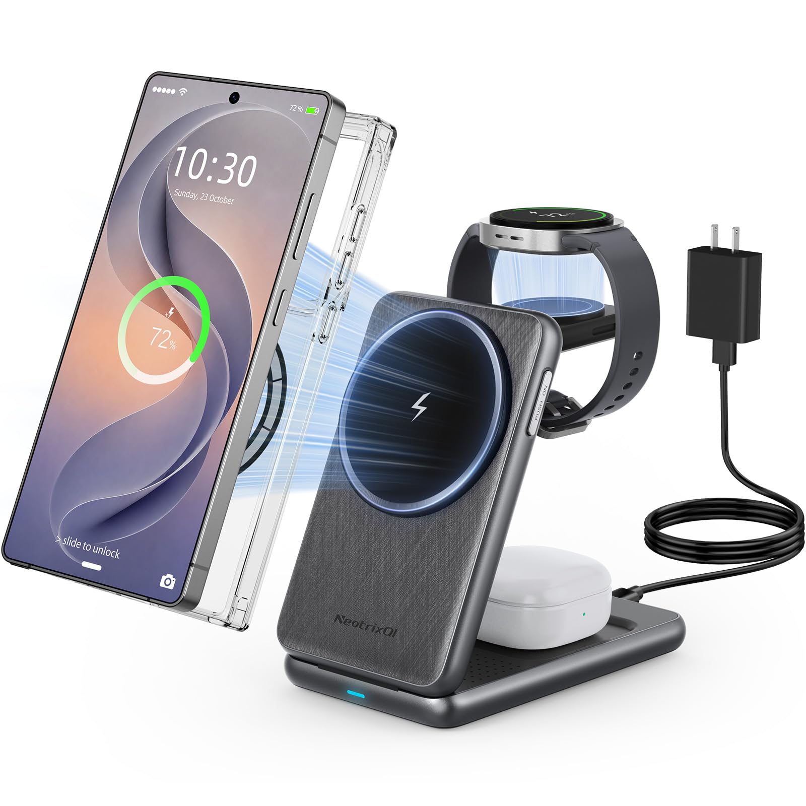 Magnetyczna ładowarka bezprzewodowa do Samsung Galaxy S25 Ultra S24, składana ładowarka Mag-safe Ładowarka do zegarka Samsung kompatybilna z Galaxy Watch Ultra 7 6 Galaxy Buds 2 (Zwart)