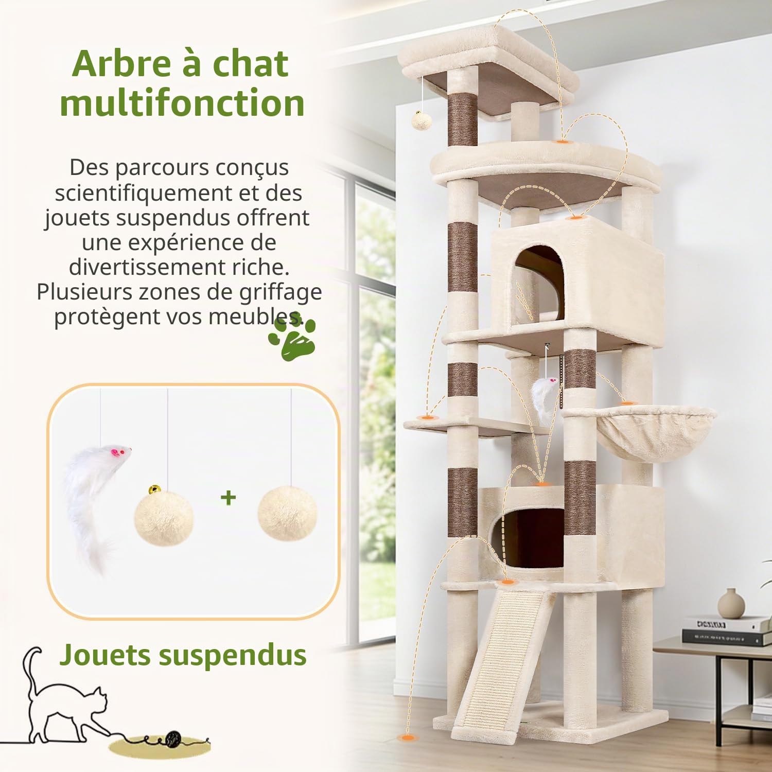 Globlazer Arbre à Chat Beige XXL 215 cm avec 2 Immense Niches, Extra-Large Plateformes, Pente Sisal Peluche, Paniers, Solide Arbre à Chat pour Gros Chats Grand Maine Coon Ragdoll Adulte (F84B, Beige)