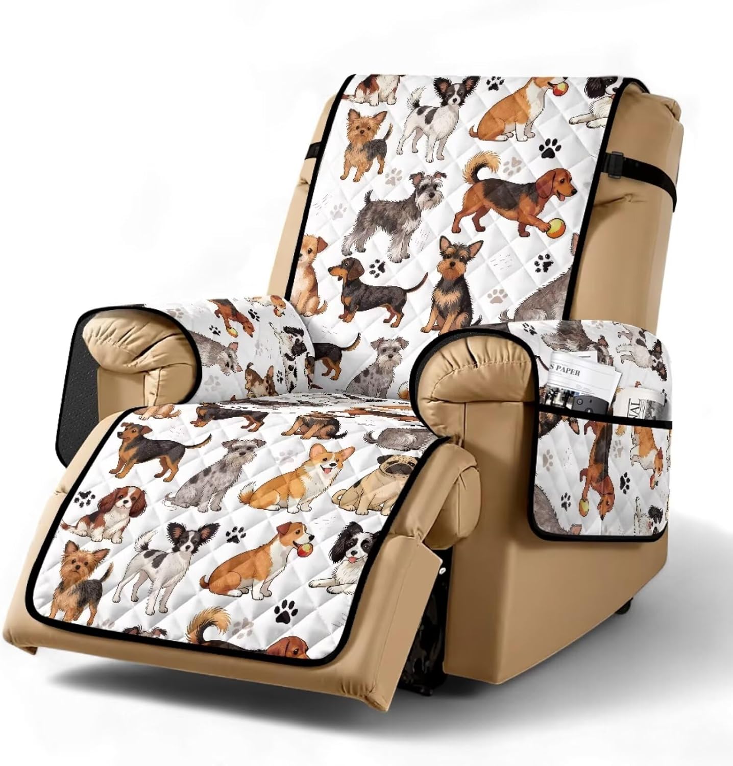 Cute Dogs Paw Print Recliner Chair Covers Non Slip Lazy Boy Recliner Covers Stay in Place Reclining Chair Cover Washable Furniture Protector Cover with Elastic Strap