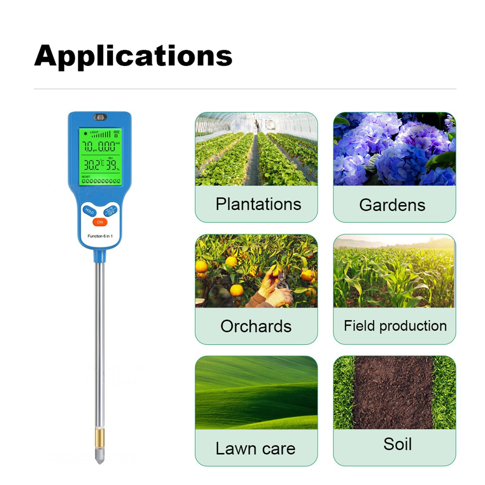Medidor de Suelo 6-in-1, Medidor Digital de Suelo + Gran Pantalla LCD Retroiluminada + Sonda de Alta Sensibilidad, Para Jardines en Macetas y Horticultura