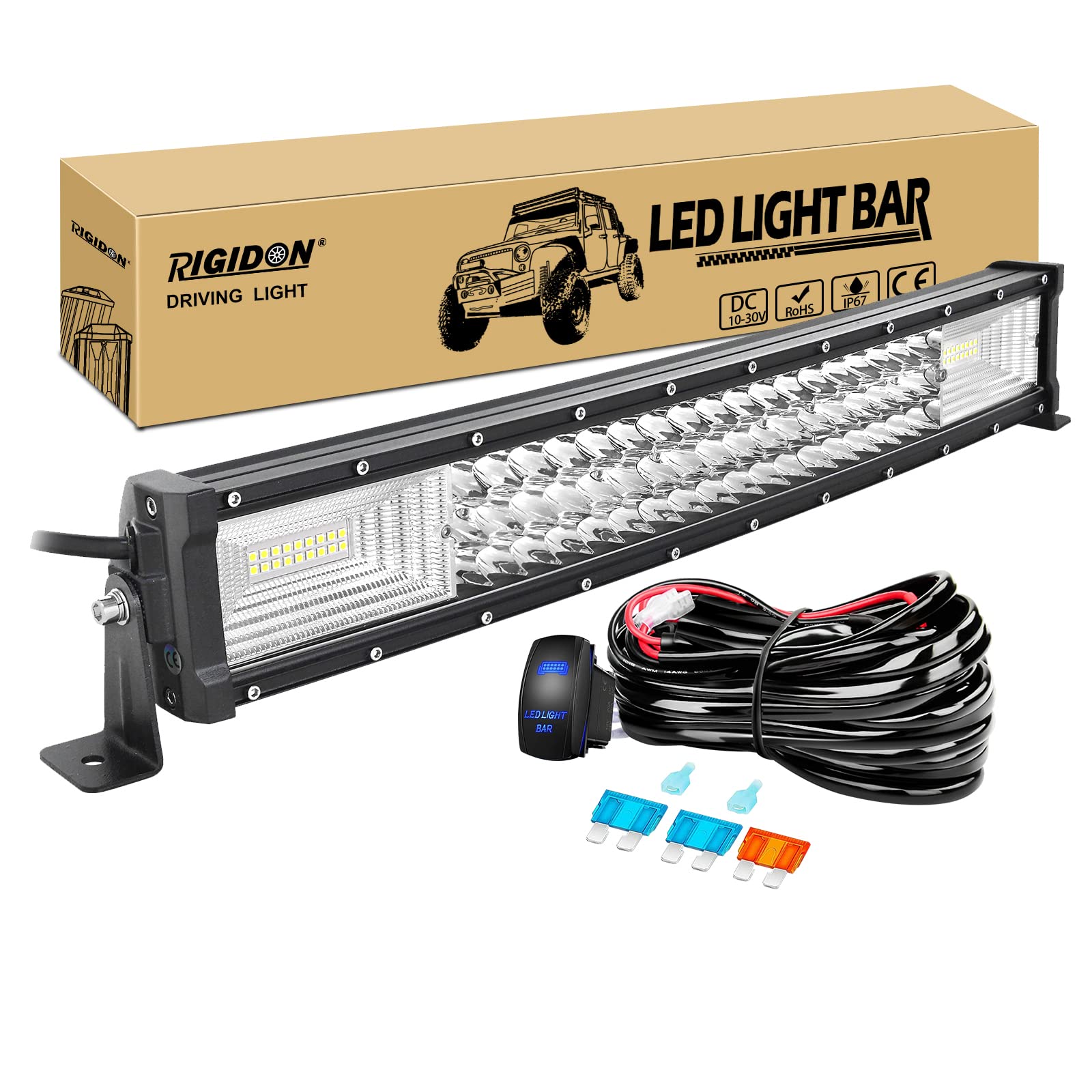 RIGIDON 22 cale 270 W zakrzywiona lampa robocza LED z zestawem kabli wiązki przewodów 12 V, 7D trójrzędowa lampa przeciwmgielna do jazdy samochodem terenowym ciężarówki SUV ATV 4 x 4, reflektor powodziowy Combo Beam, wodoodporna, 6000 K biała