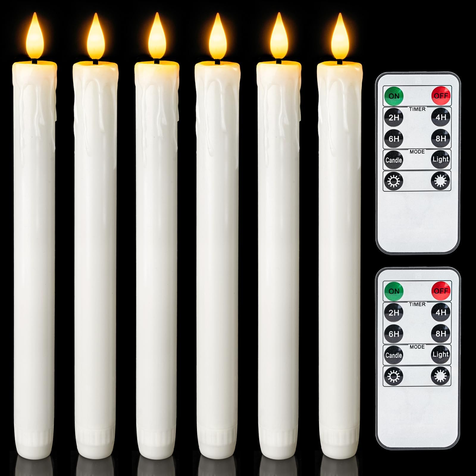 Homemory Real Wax LED Flameless Taper Candles with Timer, Dripless Fake Candlesticks with 3D Flickering Flame, 9.6 Inches White Window Candle for Fireplace Christmas Halloween