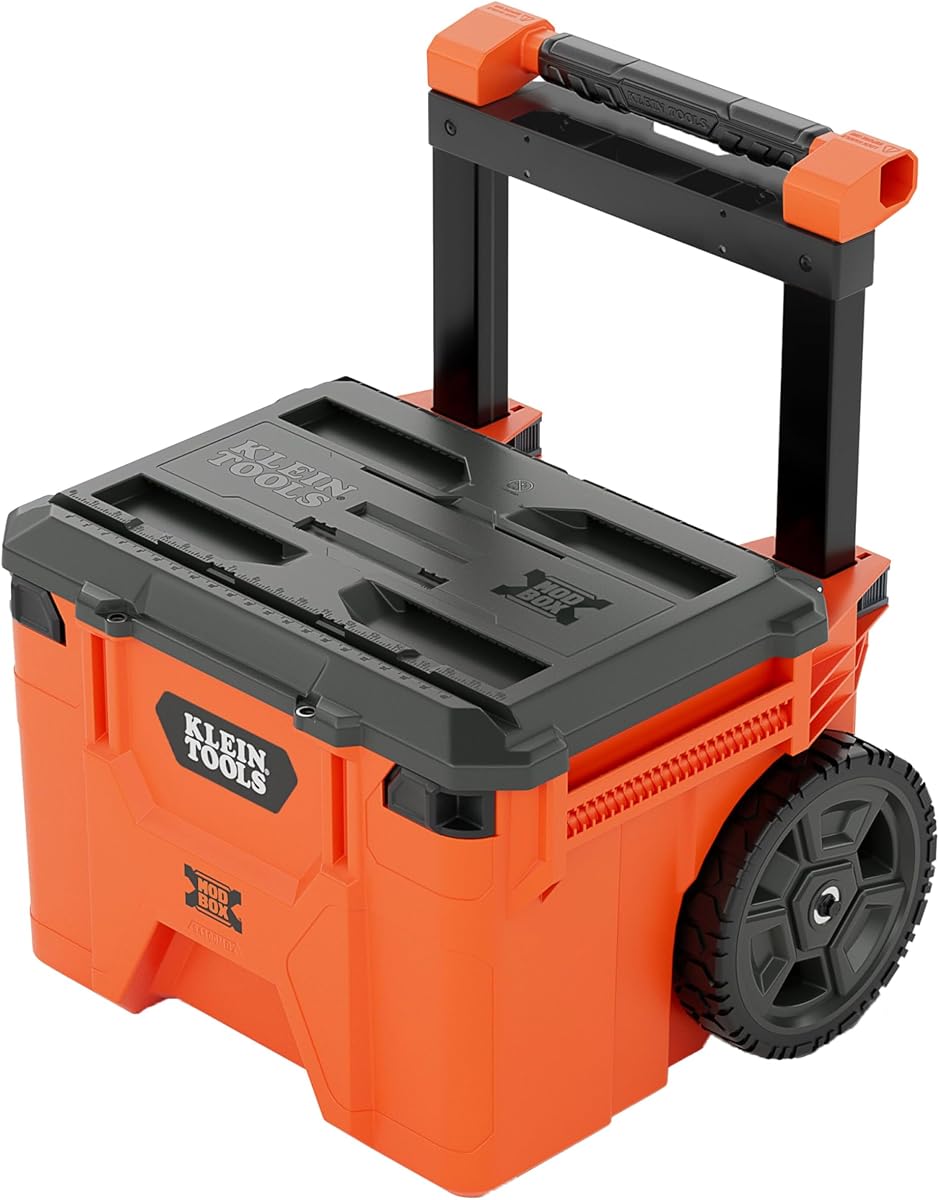 Caja de herramientas enrollable Klein Tools 54100MBX MODbox, organizador de herramientas portátil de alta resistencia con montaje lateral, ruedas de goma de 10 pulgadas, mango extraíble, juego apilable profundo