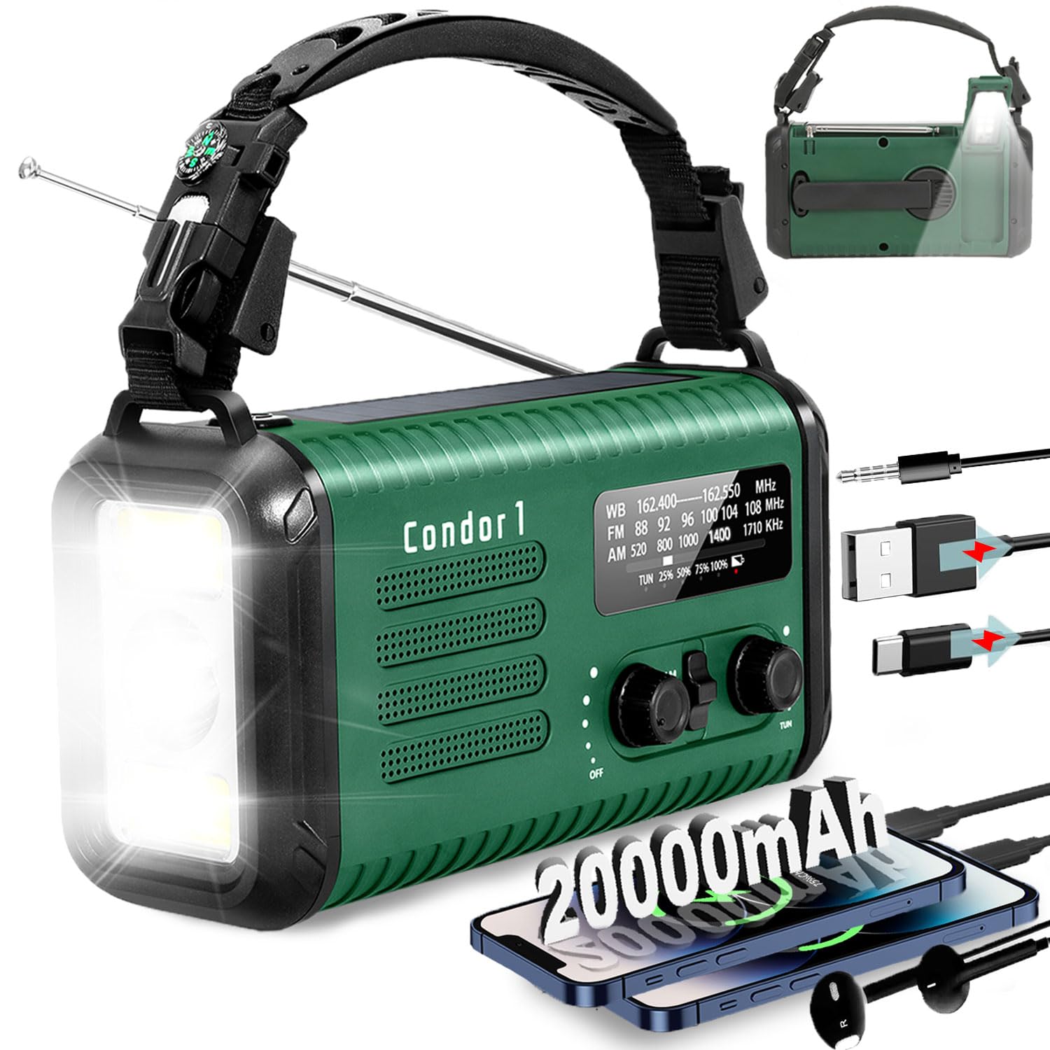 Radio Meteo Di Emergenza 20000 MAh – A Manovella, Solare E Ricaricabile USB-C, Con Torcia, Allarme SOS E Power Bank