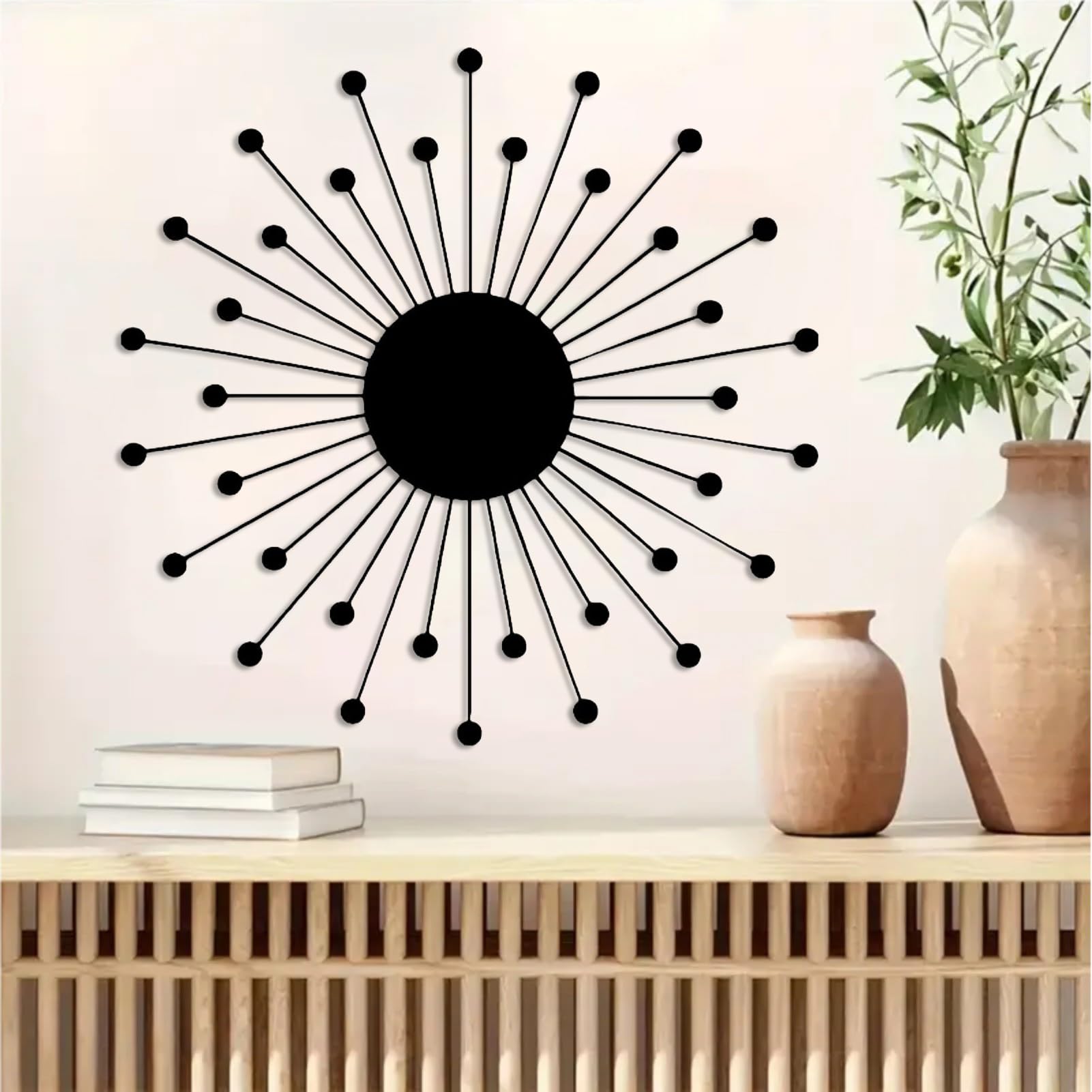 DUOOLN Large Metal Sunburst Wall Art, Minimalist Hanging Wall Decor Single Line Drawing, Modern Abstract Geometrical Sculptures, for Living Room Bedroom Bathroom Study Room Home Decor, 15.7x15.7in