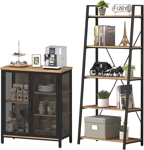 BON AUGURE Estantería industrial de 5 niveles y armario pequeño de barra de licor para el hogar, juego de muebles de madera y metal para sala de