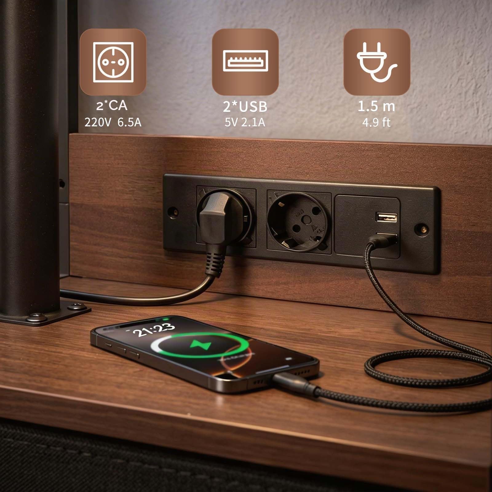 Table de Chevet Connectée à roulettes avec Plateau Pivotant 360° Hauteur Réglable 64-80 cm Prises Intégrées 2AC 220V 2USB 5V 2,1A Grand Rangement Colonne Renforcée Finition Noyer Chaud