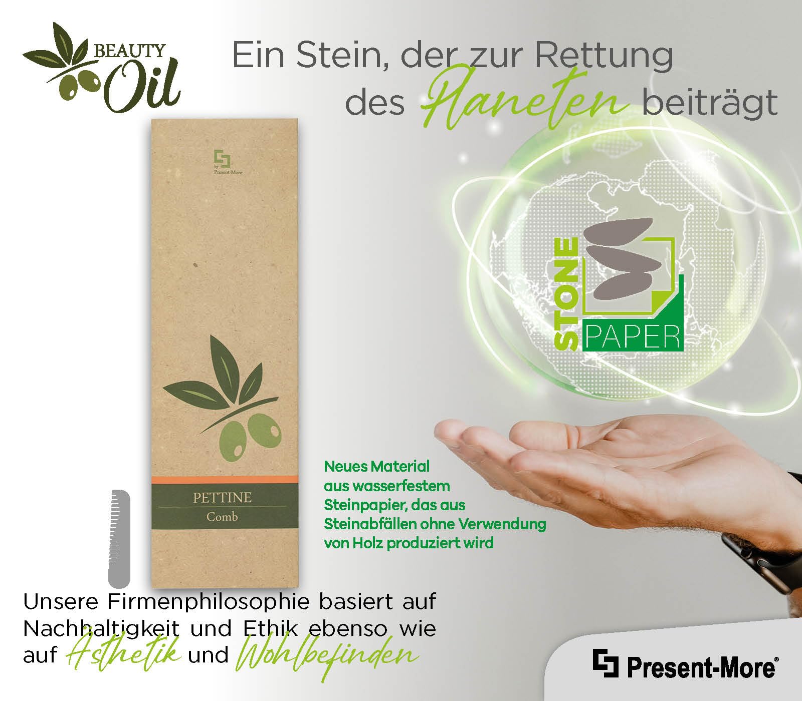 Present-More Beauty Oil Kamm - Reisekamm für Hotels, B&B und Hotels | Reisekamm einzeln verpackt und in Stone Paper Material verpackt