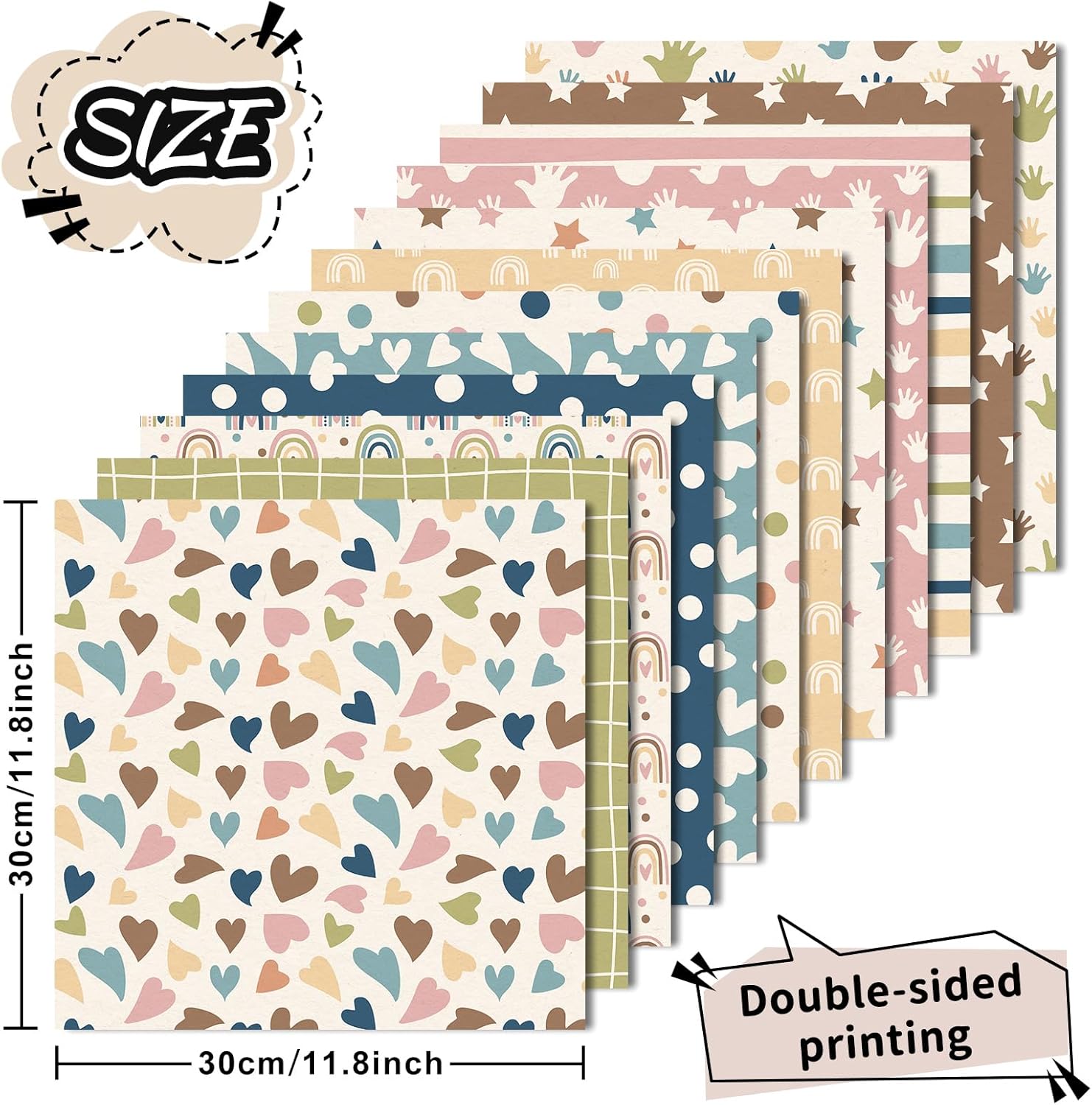 Whaline 24枚 ボーホー パターン ペーパー ニュートラル カラー スクラップブック 特殊紙 レインボー ハート ハンド 両