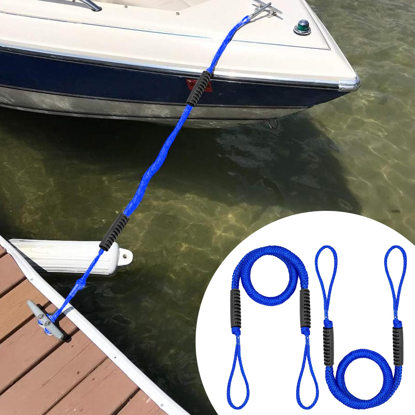 PORFOYO 2 pièces de corde de fixation, corde Bungee de 120 cm, corde de fixation pour bateaux et jetées, accessoires de bateau pour kayak, jet ski, ponton, canoë (Bleu)