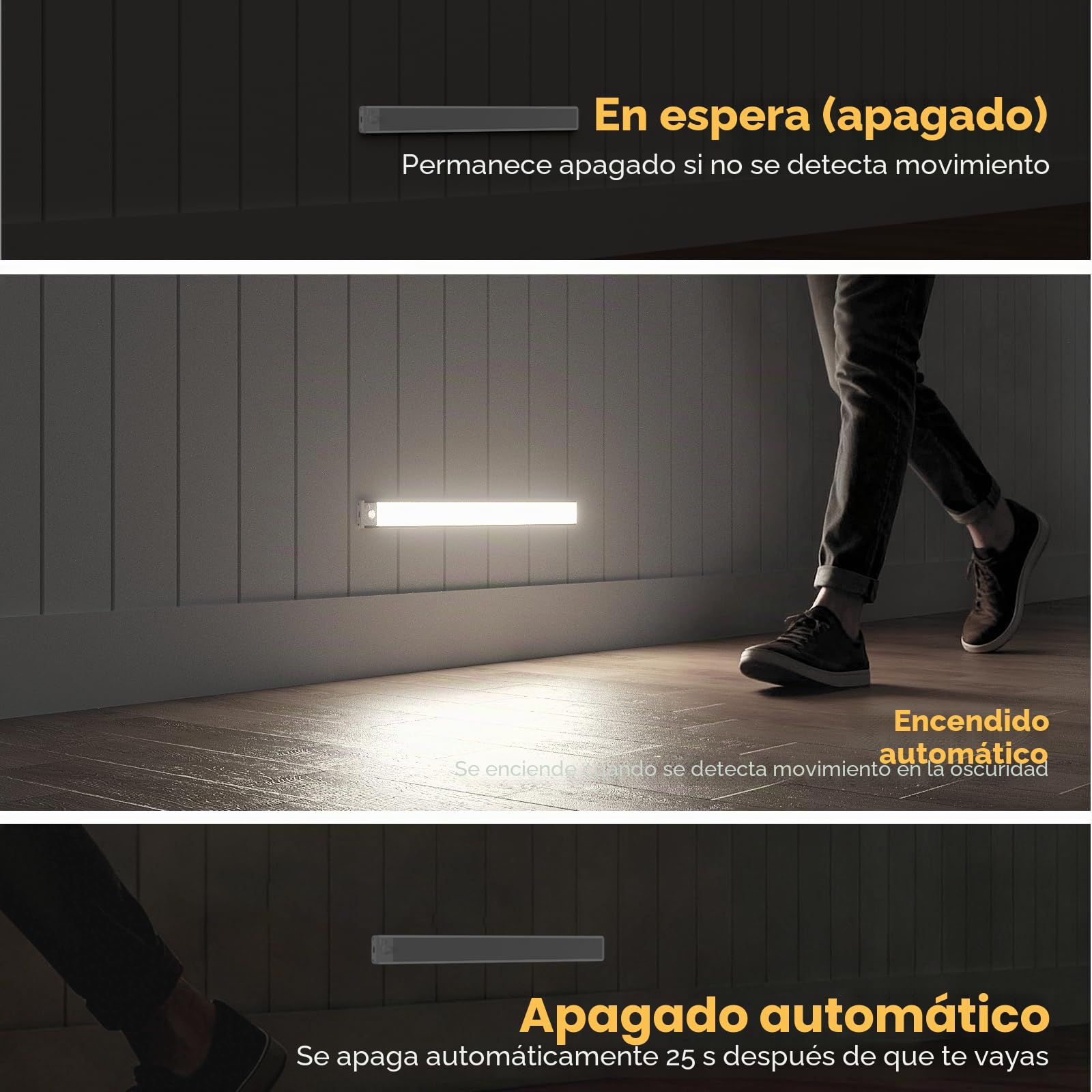 Luces LED para Cocina Bajo Gabinete 3 Pack - 6000K con Sensor de Movimiento para Interiores, Luz Recargable 1100mAh, Regulable e Inalámbrica Magnética para Bajo Mesón|Estante|Armario|Escaleras, 20CM