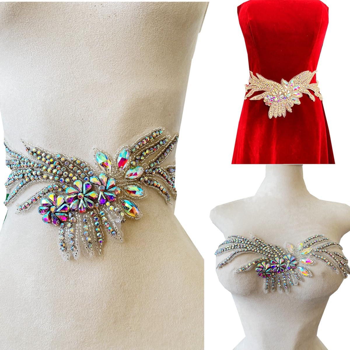 Pure Handmade Rhinestones Applique Shining Decoration Trim Patches with Sewing Beads Glass Stones for Dress Clothing blet Accessories 14X3.9inches (Deepgreen)