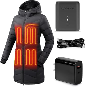 Venustas Womens Long Heated Down Jacket with Battery & 20W Fast Charger Bundle, Sizes L
