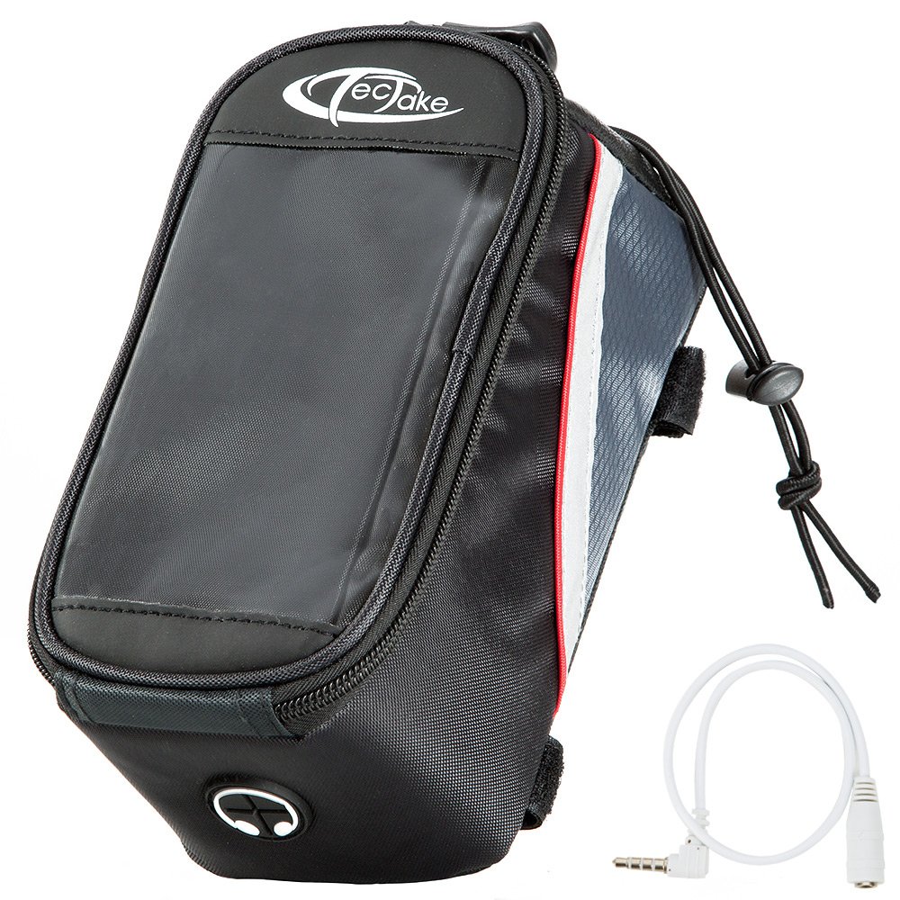 tectake® Bike Phone Holder with Touch-Screen PVC Cover, Water-Repellent Bike Bag with Inner Compartment, Universal Bicycle Phone Holder with Easy Attachment, Screen Size: 9 x 12.7 cm - Black/Red