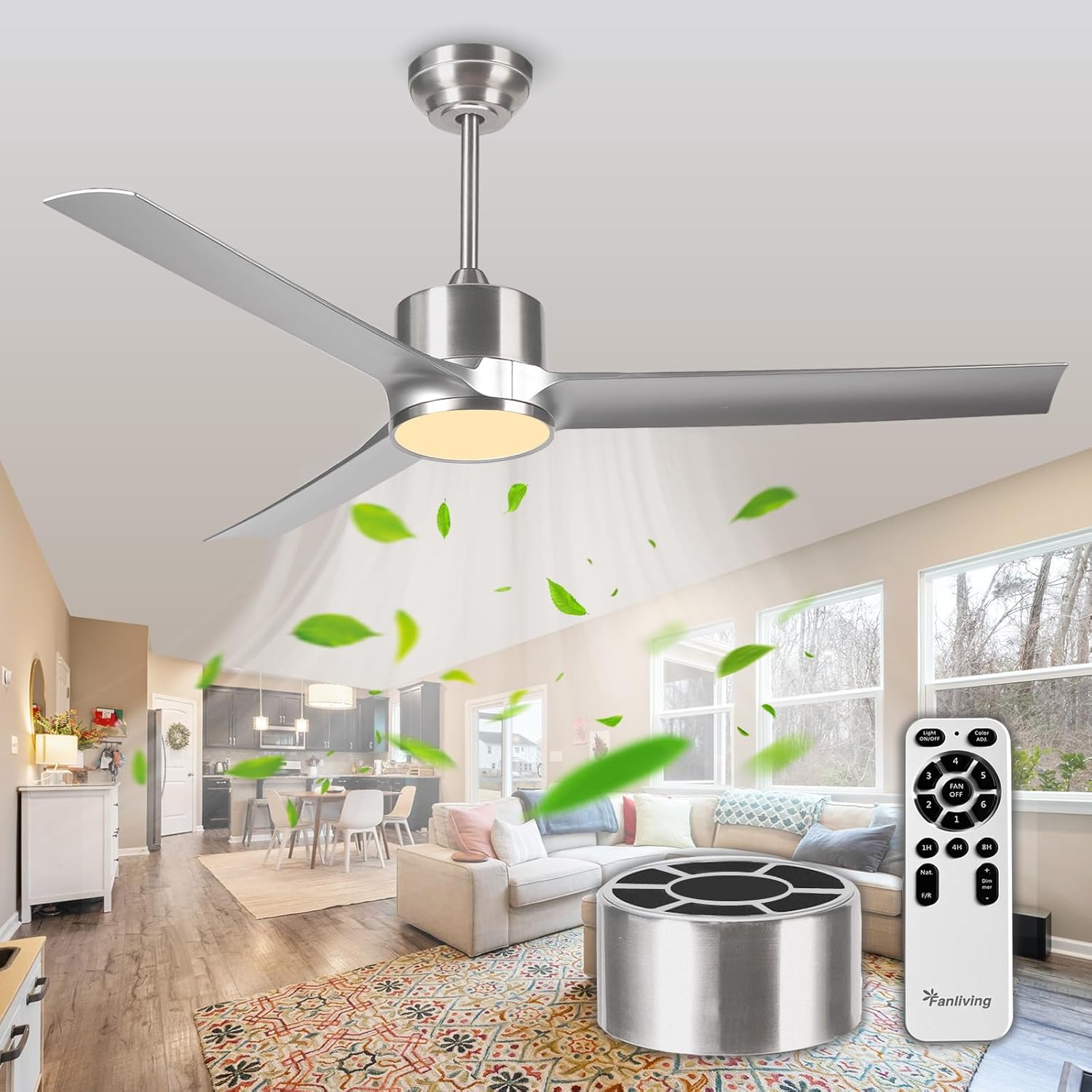 52 Inch Modern Silver Ceiling Fan with Filters Lights Remote Control, Quiet DC Motor/Dimmable 3 Color LED/6 Speed High CFM/3 Blade Indoor Ceiling Fans for Bedroom/Living Room Silver With Filter
