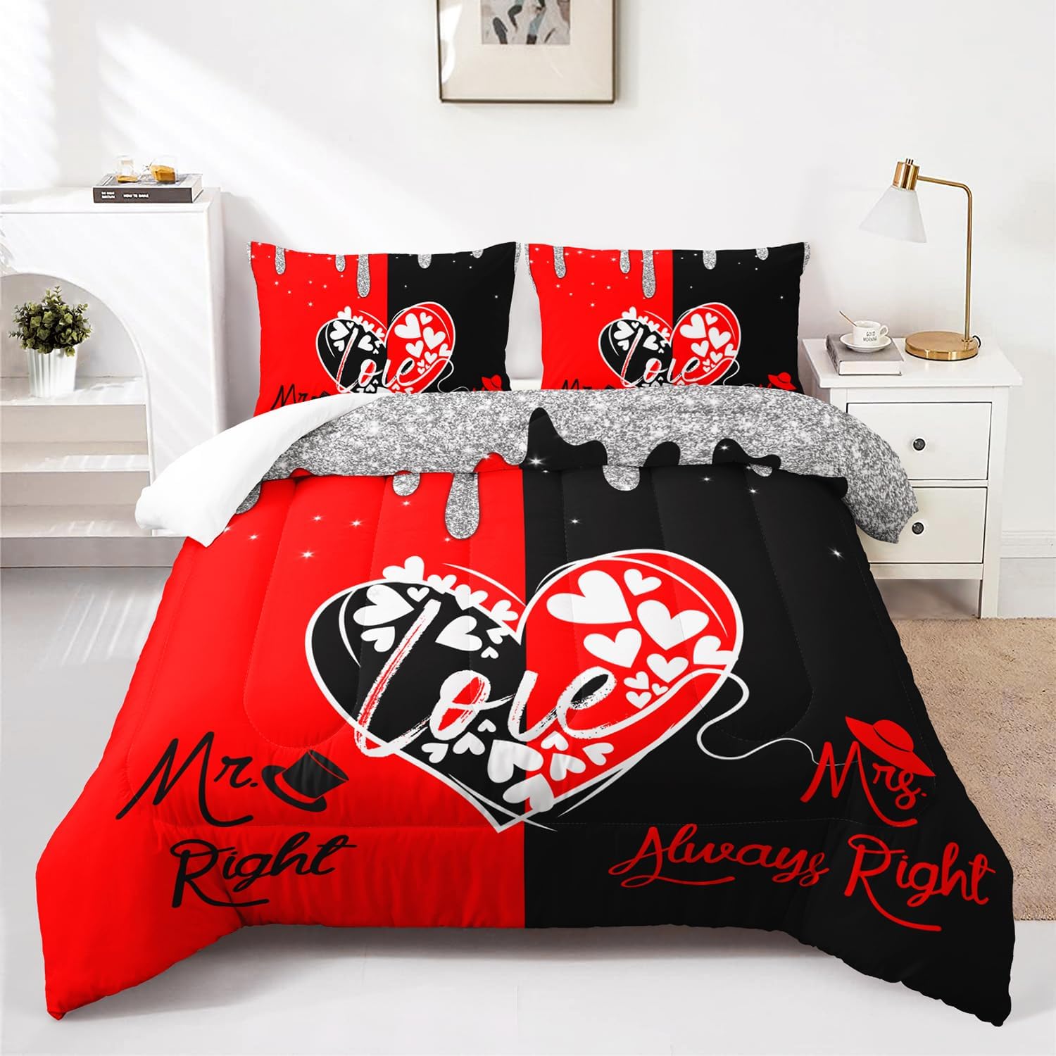 AILONEN Queen Size Bedding Set, Black and Red Comforter Set with Love Hearts Print, 3 Pieces Mr Right Mrs Always Right Bedding Set for Room Decor