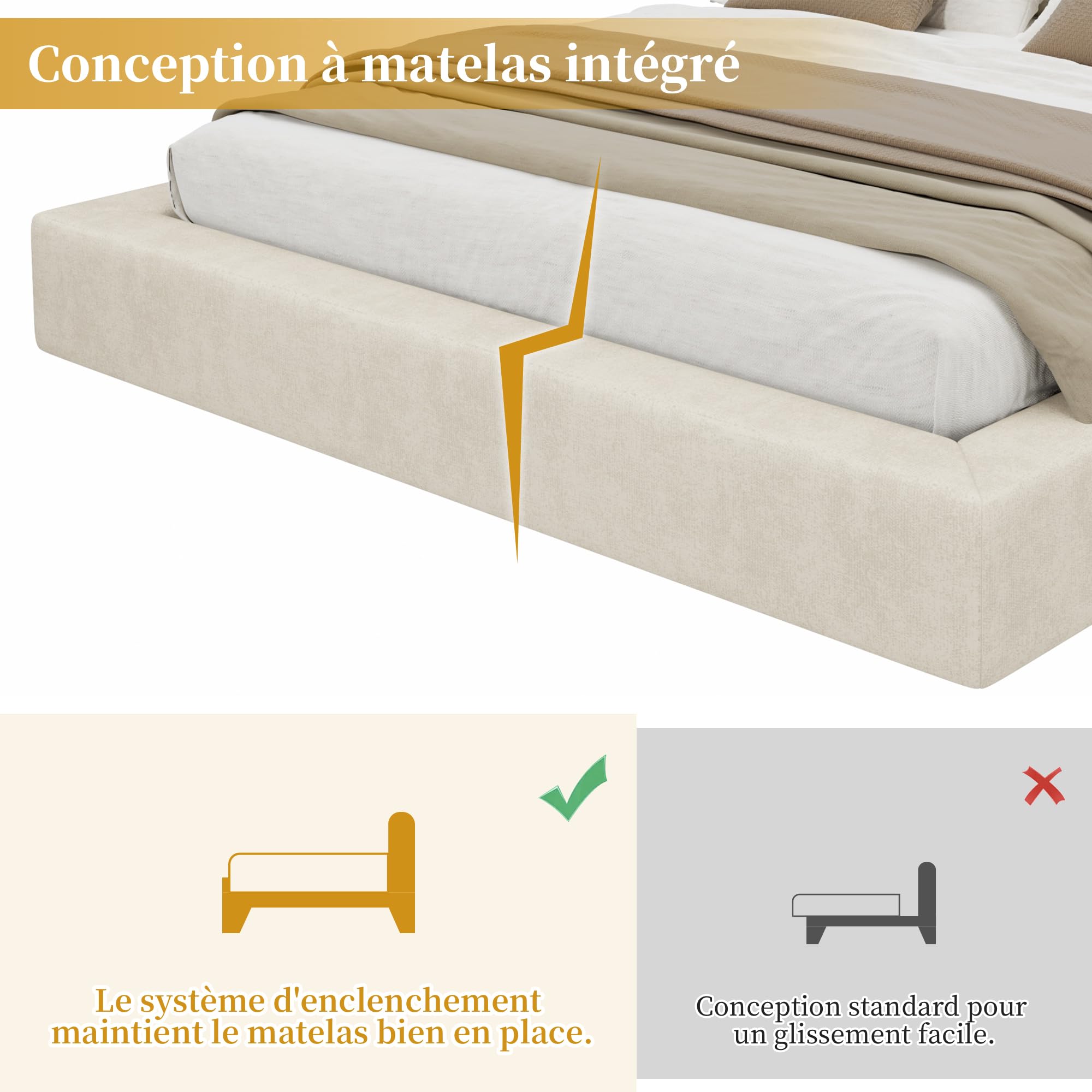 Zepneiy Lit 160x200 avec sommier à Lattes et tête de lit matelassée,Lit Double rembourré avec tête de lit Affiche 12 cm,Chenille Beige(sans Matelas)