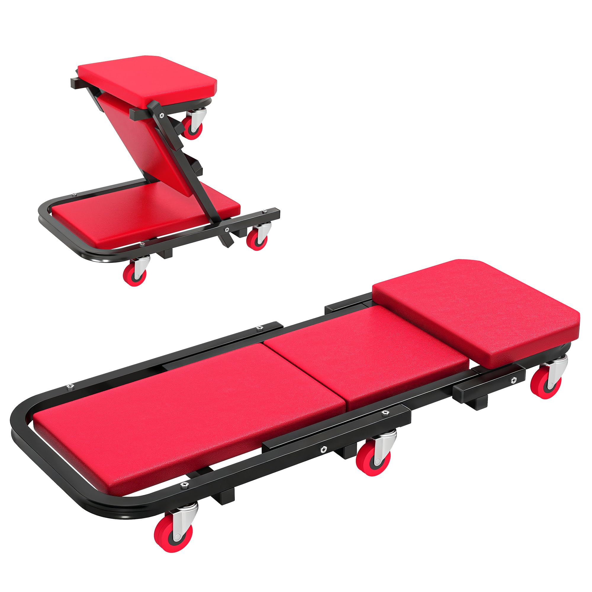 HOMCOM Planche à roulettes de Montage 2 en 1 Pliable en Z 150 kg 6 Roues | Chariot de Visite Mécanicien, Rotation à 360°, Tabouret d'Atelier, Assise Couchée, Rogue, Plateau Mecanicien Roulant