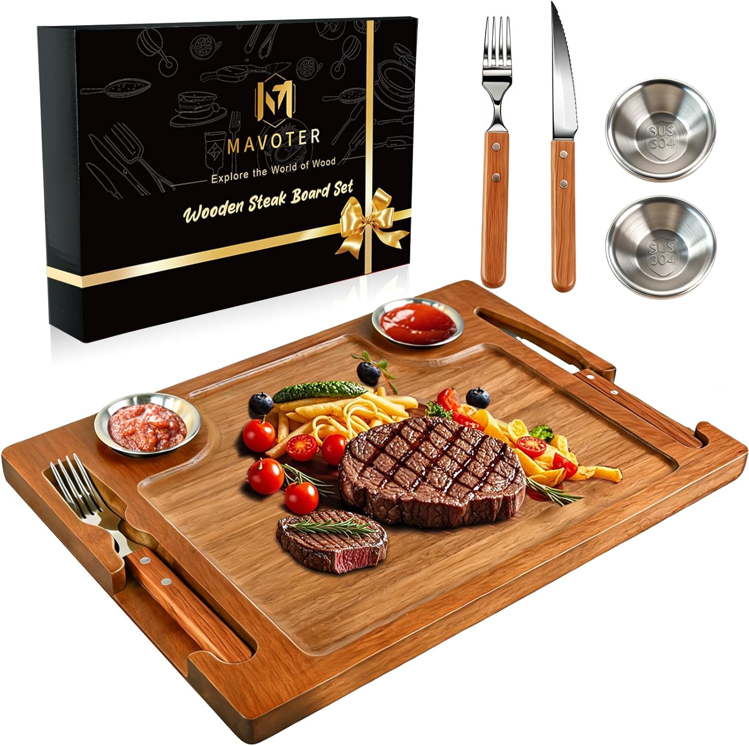 Acacia Wooden Steak Board - Reversible Charcuterie Boards Cutting Board Set with Fork, Knife and 2 SUS304 Ramekins,15.7” Wood Serving Board for Home BBQ,Gift for Women Men(1 Set)