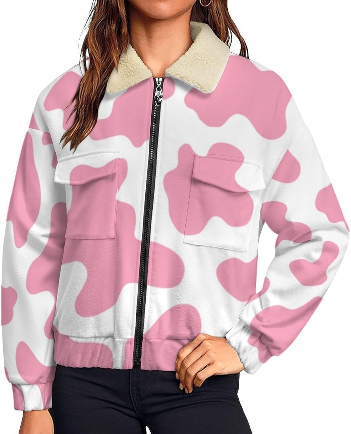 Pink Cow Print Jackets Women Zip Sweatshirt Long Sleeve Warm Hiking Jackets Causal Pockets Stand Collar Coat