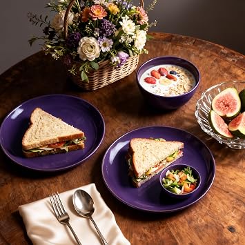 HomeVSS 20-Piece Dinnerware Set - Serves 4, Bright Glaze Purple plates and bowls sets with Speckle Effect for Microwave & Dishwasher Safe