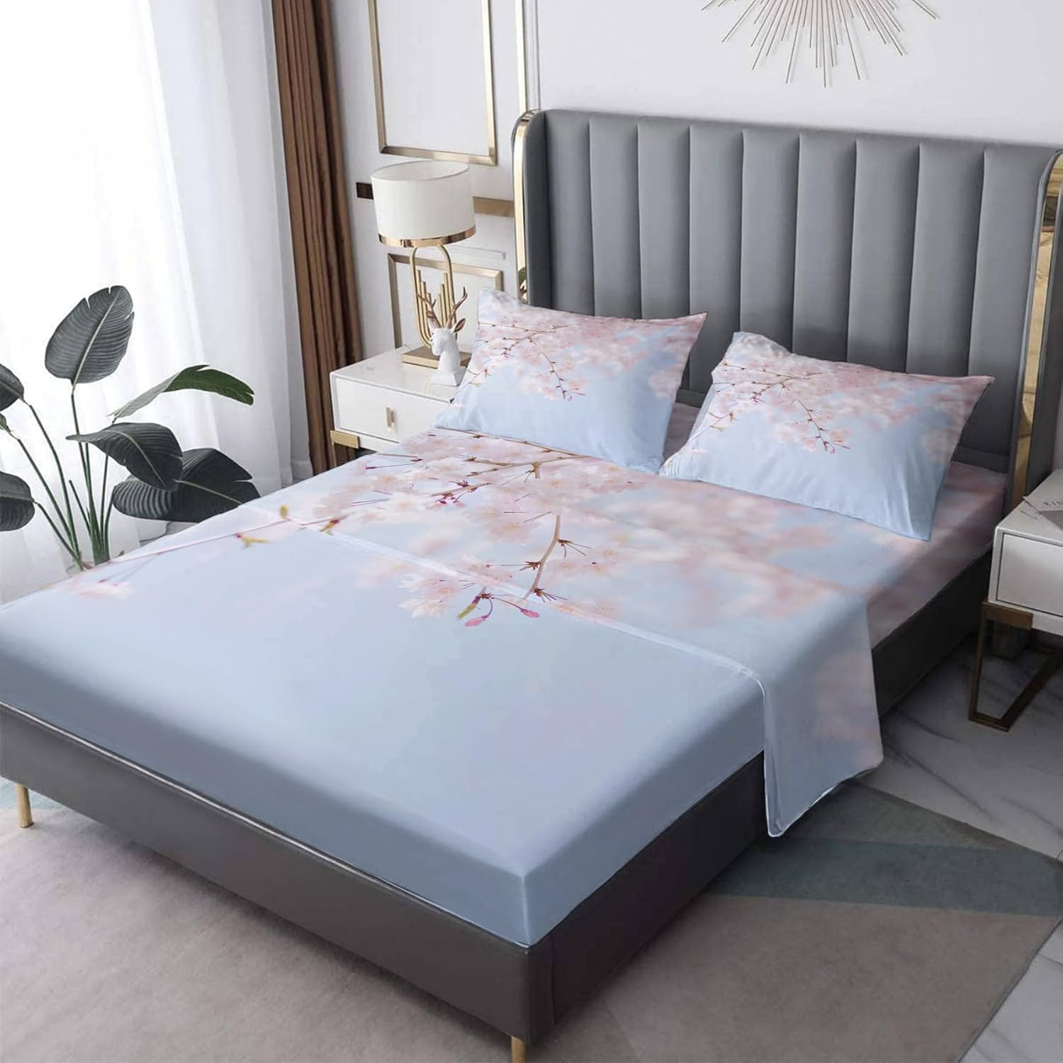 Cherry Blossom Sheets Twin Size, Sakura Bed Sheets, Patterned Bedding Sheets & Pillowcases 3 Piece Set - Soft Microfiber Deep Pocket Fitted Sheet & Flat Sheet & Pillow Case L5-&-347