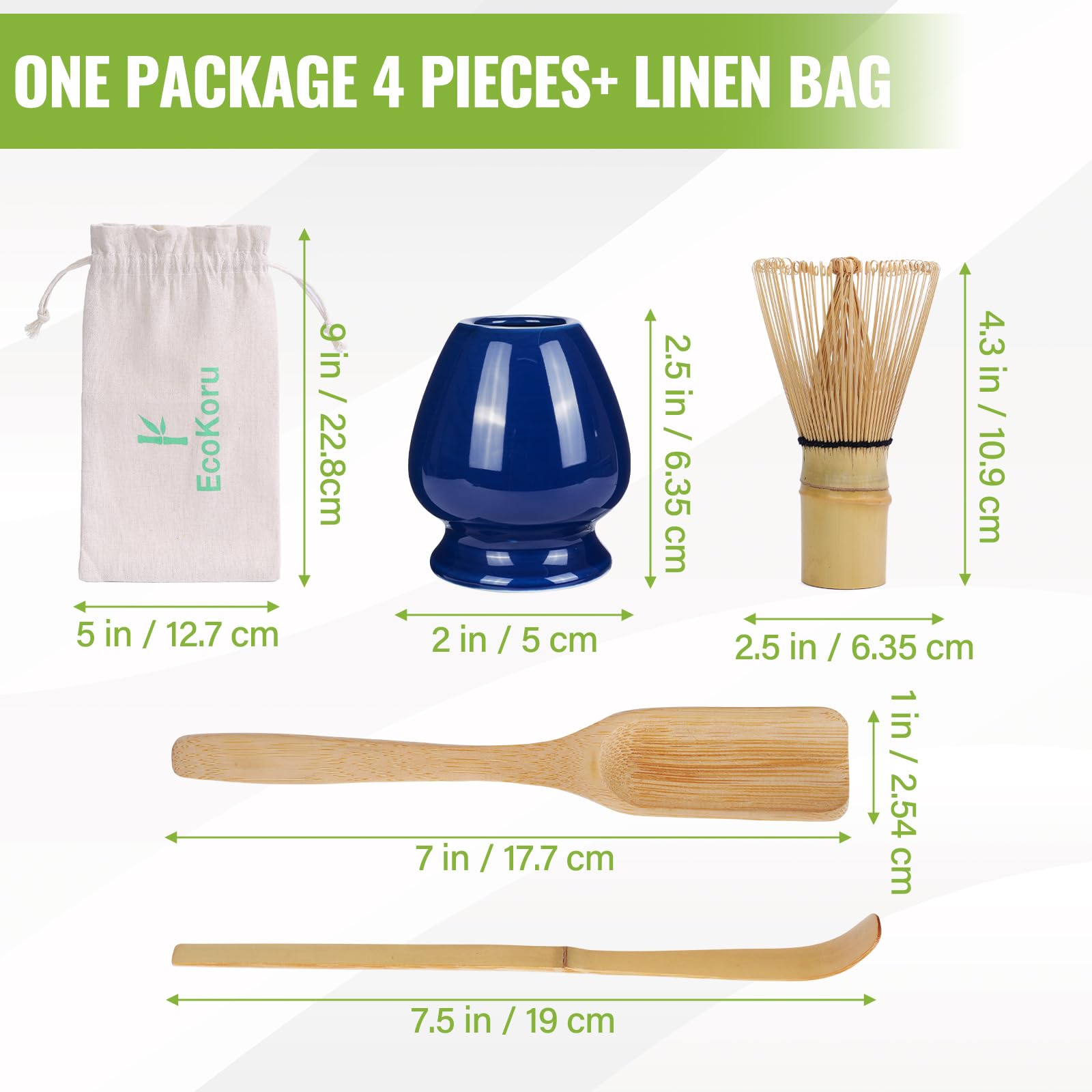Set Té Matcha | Kit Tradicional 4 Piezas con Batidor de Bambú Natural (100 Puntas), Soporte Cerámico Azul Marino, Chashaku, Espátula y Bolsa de Lino Ecológica