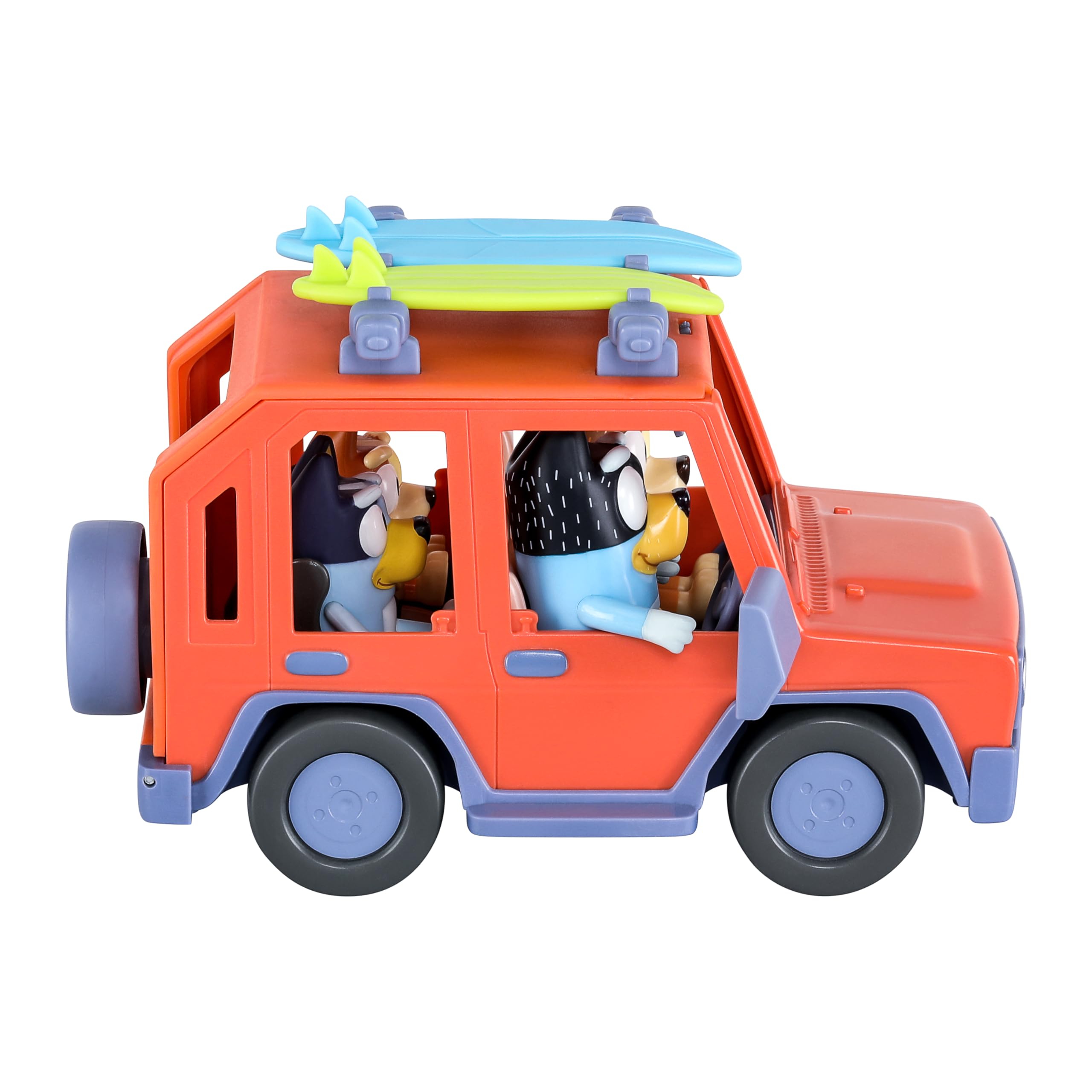 Bluey Pack del Todoterreno Familiar de los Heeler y 4 Figuras, Figuras de 6,3 cm, 2 Tablas de Surf y Pegatinas