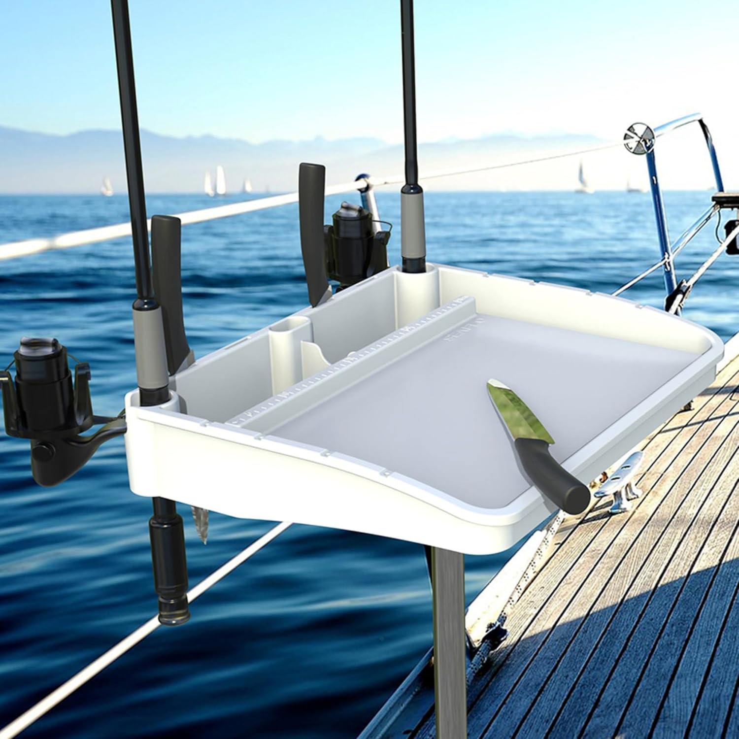 SEAFLO Bait Cutting Board Table (18.25” by 14.75” Surface) with Two Rod Holders, Fish Cleaning Fillet Station for Boat with Mount Plier Storage and Knife Slot with Built-In Measuring Ruler (Small)