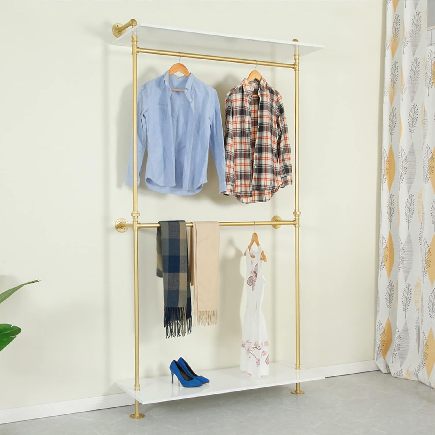 2-Tier Industrial Metal Pipe Double Hanging Rods Clothing Store Display Stands, Entrance Porch Hanging Garment Rack,Wall Shelf Storage Clothes Shoe Bag (Gold, Only One Shelf 47.2" L)