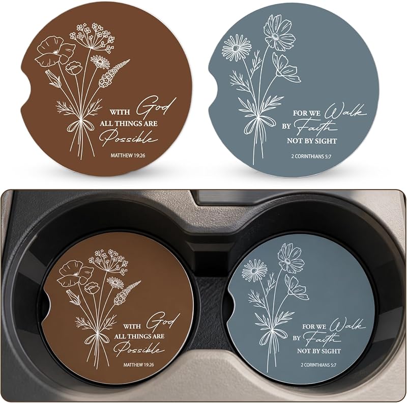 Kit com 2 Porta-Copos para Carro Vemfare com Estampa de Flores e Versículo Bíblico, Base de Cortiça