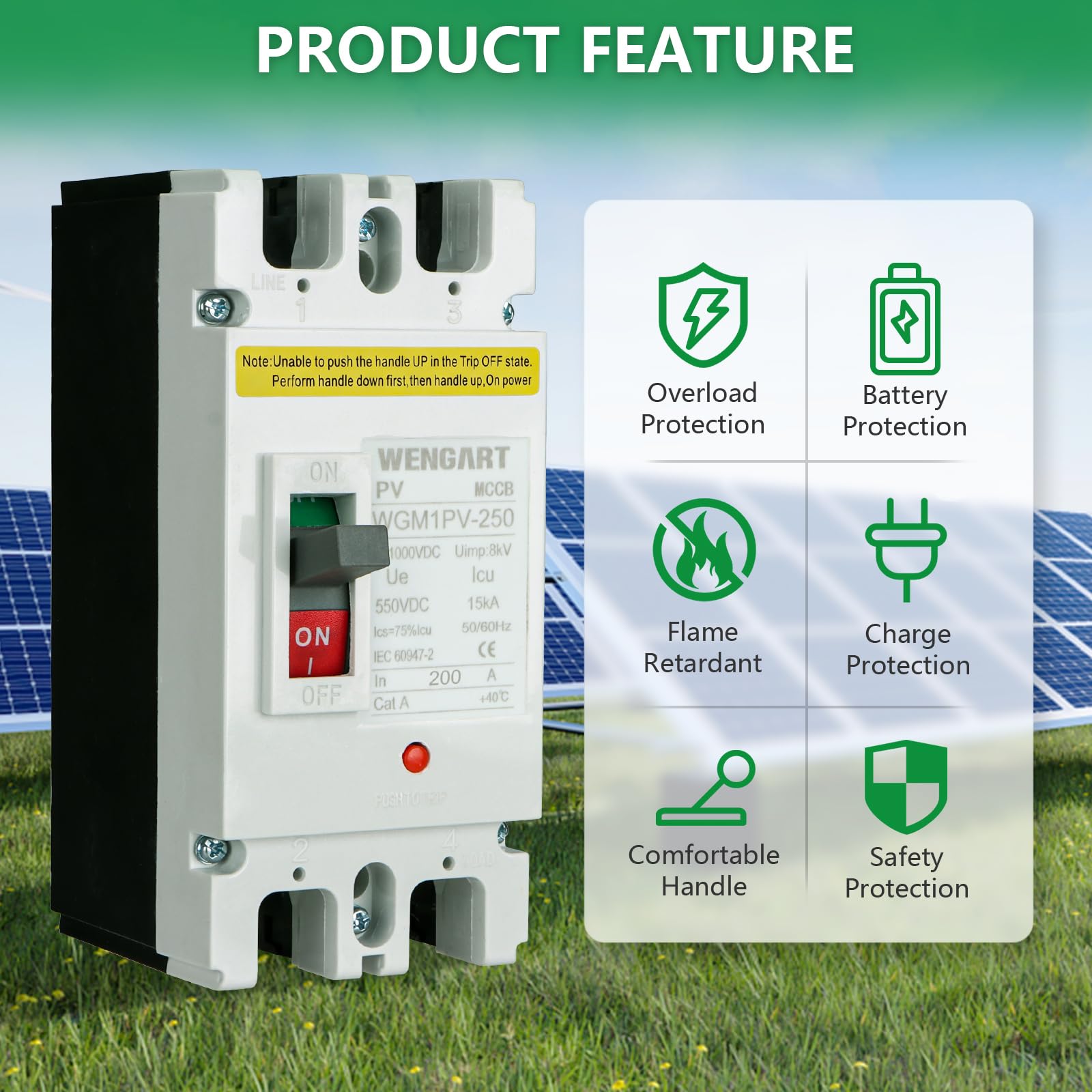 Wengart Disjoncteur MCCB WGM1PV-250, MAX 500V DC200A Disjoncteur solaire DC 2P, Améliorer la sécurité des systèmes photovoltaïques