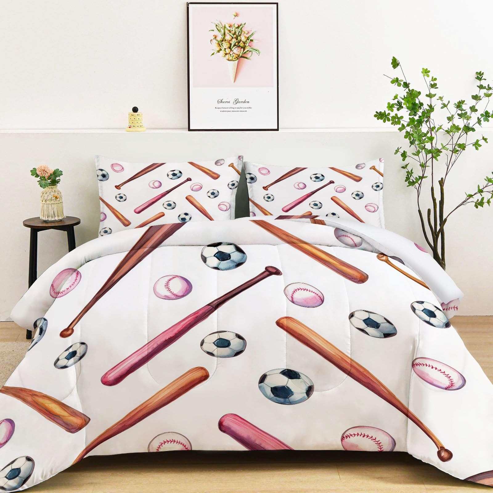 Zestaw pościeli bez pokrowca 230 x 220 cm, bejsbolówka, piłka nożna, alternatywny zestaw kołdry z 2 poszewkami na poduszki, dwustronna mikrofibra, miękka, ciepła kołdra, można prać w pralce