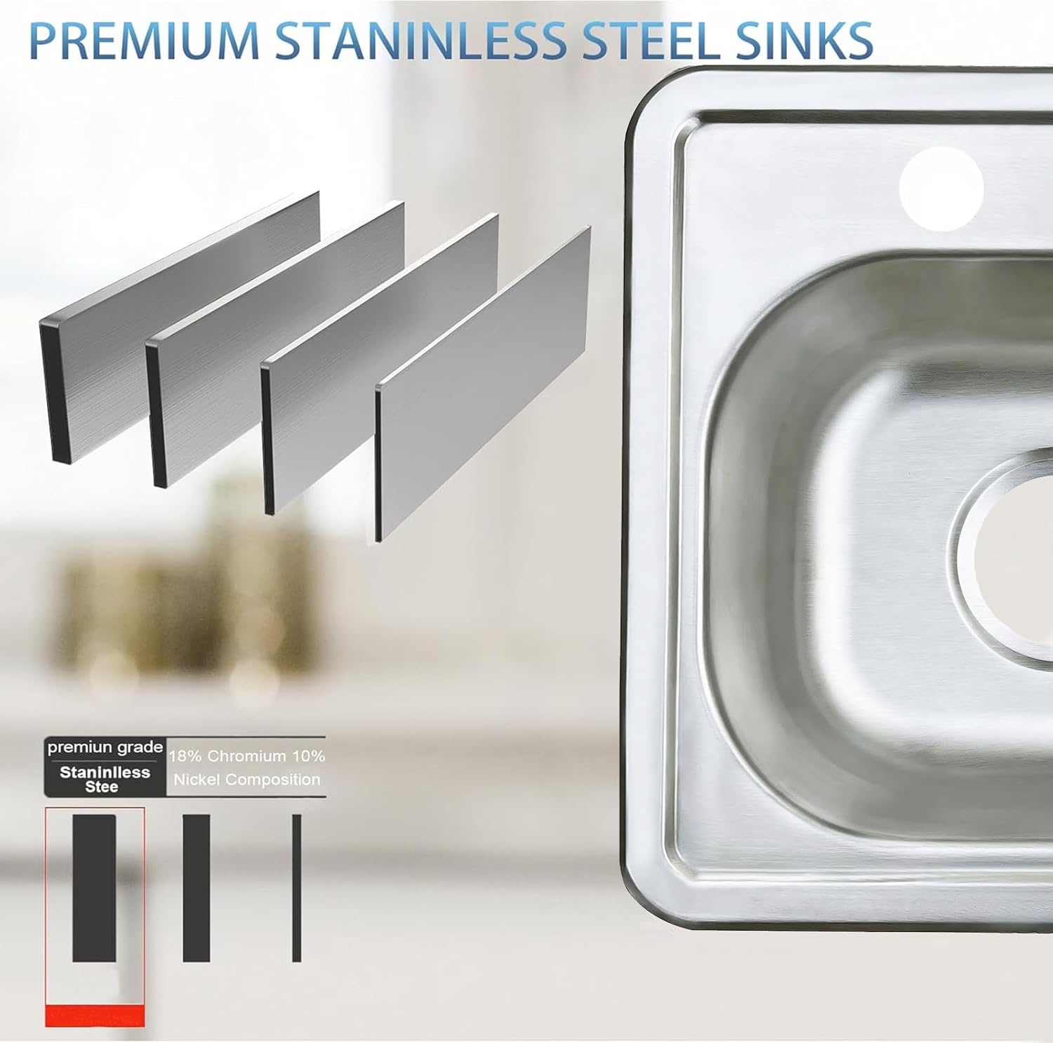 ORLANDO 15 x 15 inch Stainless Steel Drop in kitchen Bar Sink, Topmount Small Kitchen Sink, 2-Hole Single Bowl Outdoor Sink Basket Strainer Included