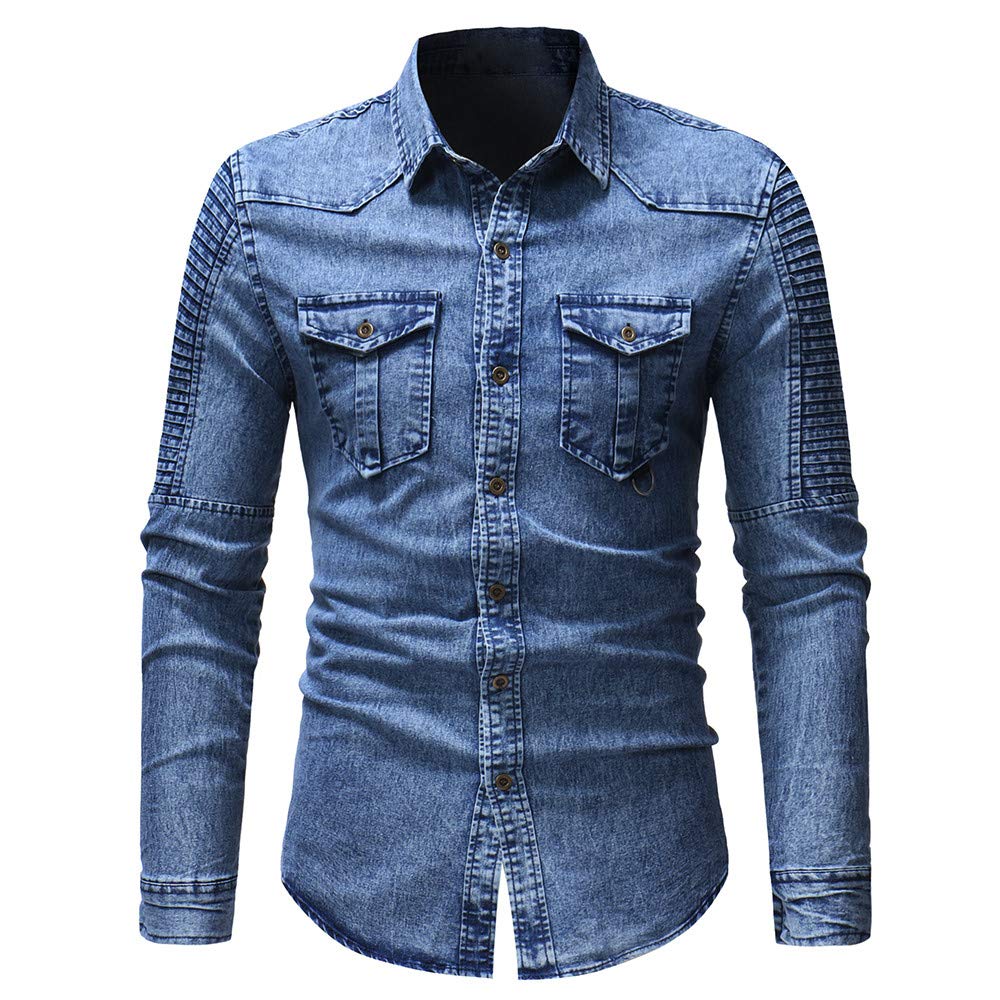 Saleblouse Mens Bleach Thick Denim Shirt Casual Button Down Long