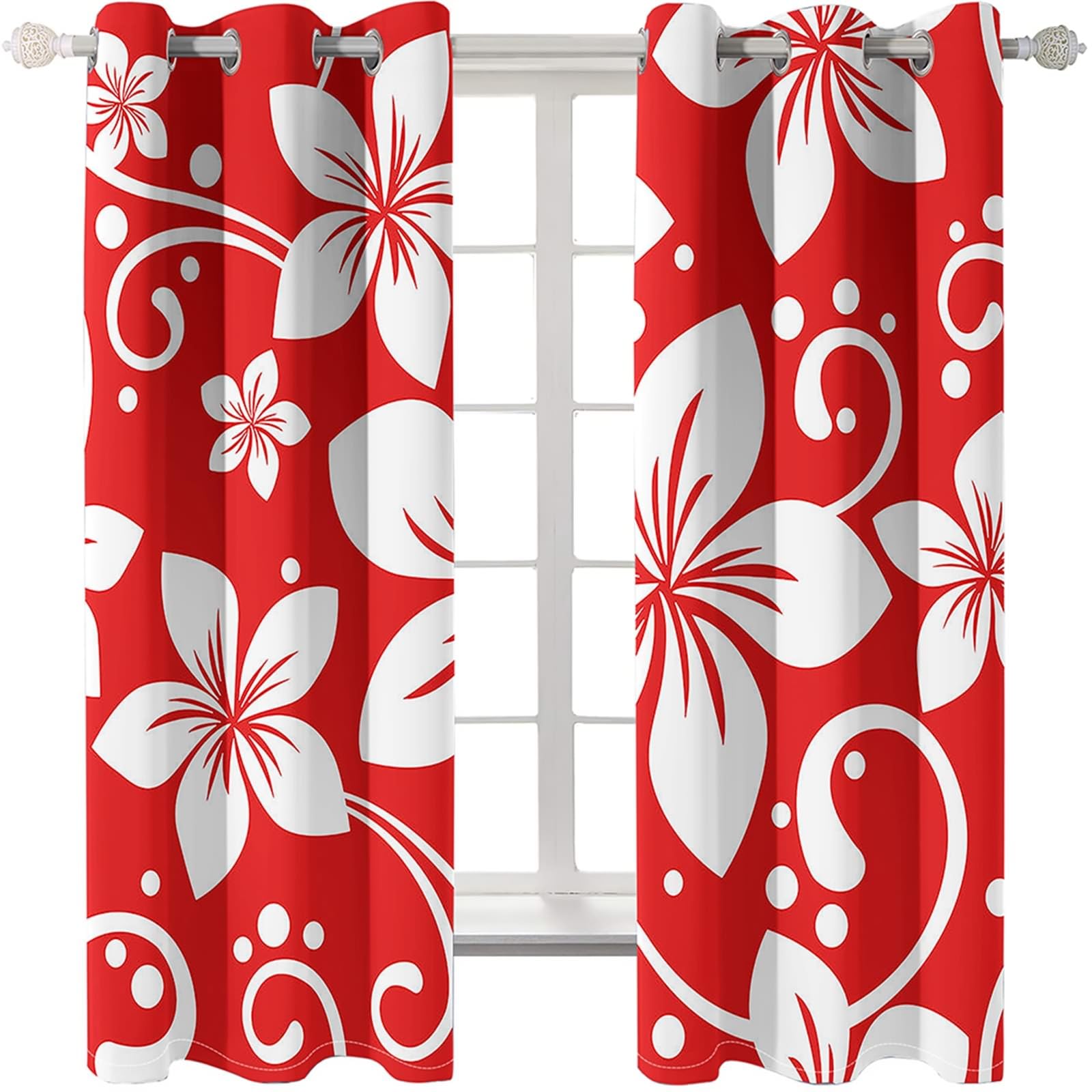 Blickdichter Vorhang mit Ösen, 86x160cm Rot Weiß Weiße Blumen und roter Hintergrund Verdunklungsvorhänge mit Ösen