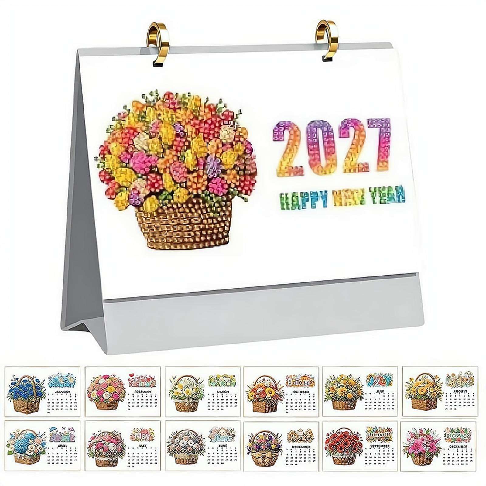 2027 DIY Diamond Art Desk Calendar Creative Design Thick Paper Alphabet Theme Gemstone Painting Art Crafts Monthly Flip,DIY Desk Calendars,for Tabletop Home Office Planning,17X21 CM