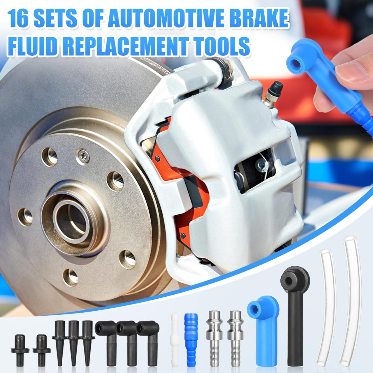 Veemoon 16pcs Brake Bleeder Connector Accessories Blue Brake Bleeder Fluid Adapter Kit Universal Auto Brake Pump Exchange Tool Brake Fluid Replacement Master Bleeder Cylinder Changer Modification