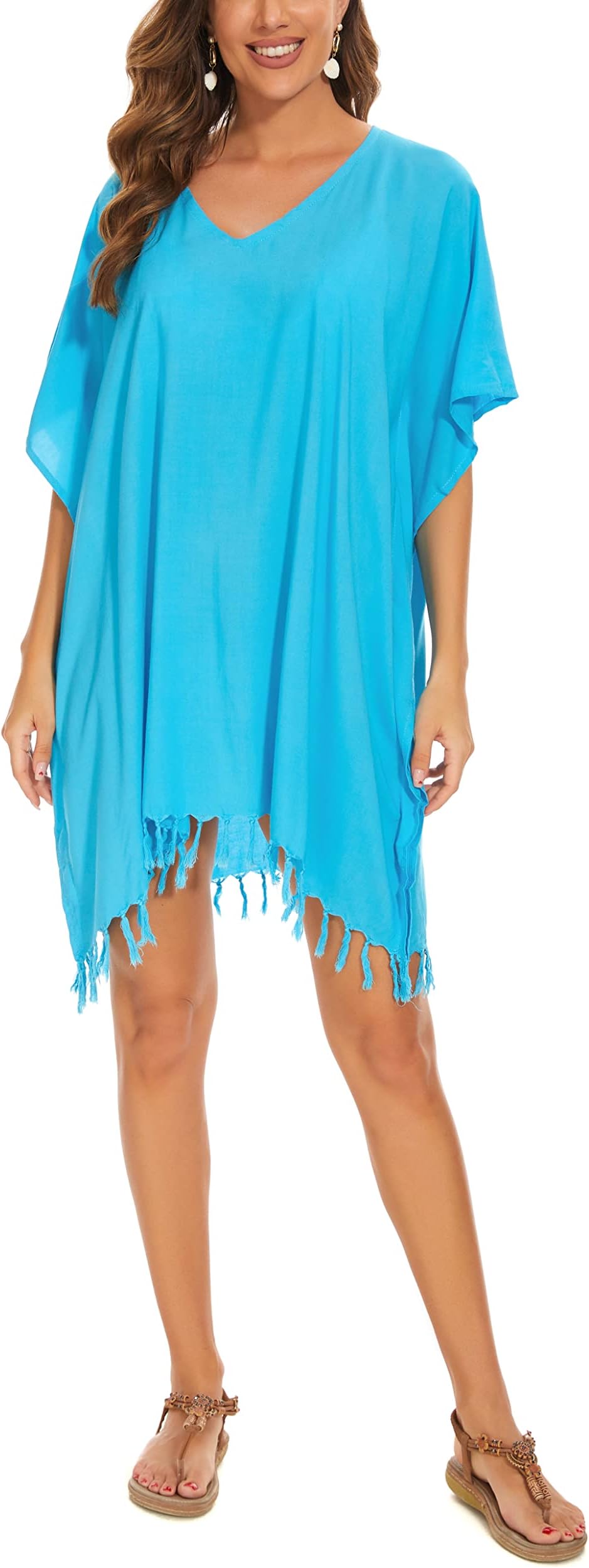 Beautybatik Women Solid Tunic Blouse Caftan Plus Size V Neck Loose Sleeve Top XL to 4X