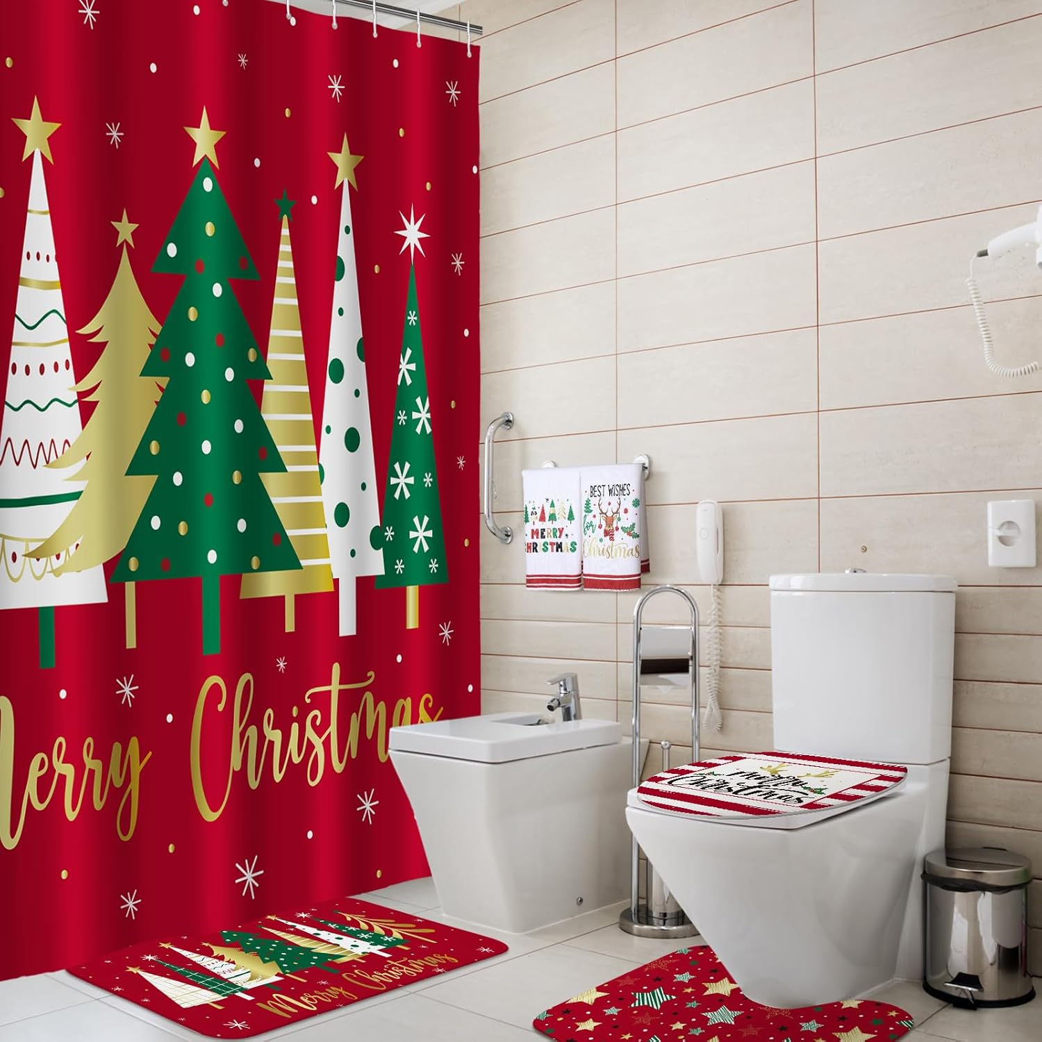 Honoson 8 Pcs Christmas Shower Curtain Set with Rugs and Kitchen Towels Farmhouse Christmas Tree Shower Curtain Bathroom Set for Farmhouse Country Summer Halloween Housewarming Gifts Decor