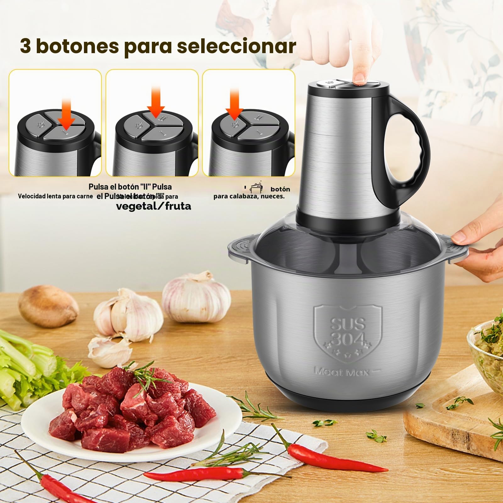 Picadora Eléctrica 4L con Bol de Acero Inoxidable 304, Motor Potente de 300W de Cobre Puro, 3 Velocidades, Upgrade Double S-Blades, Ideal para Carne, Verduras y Frutas