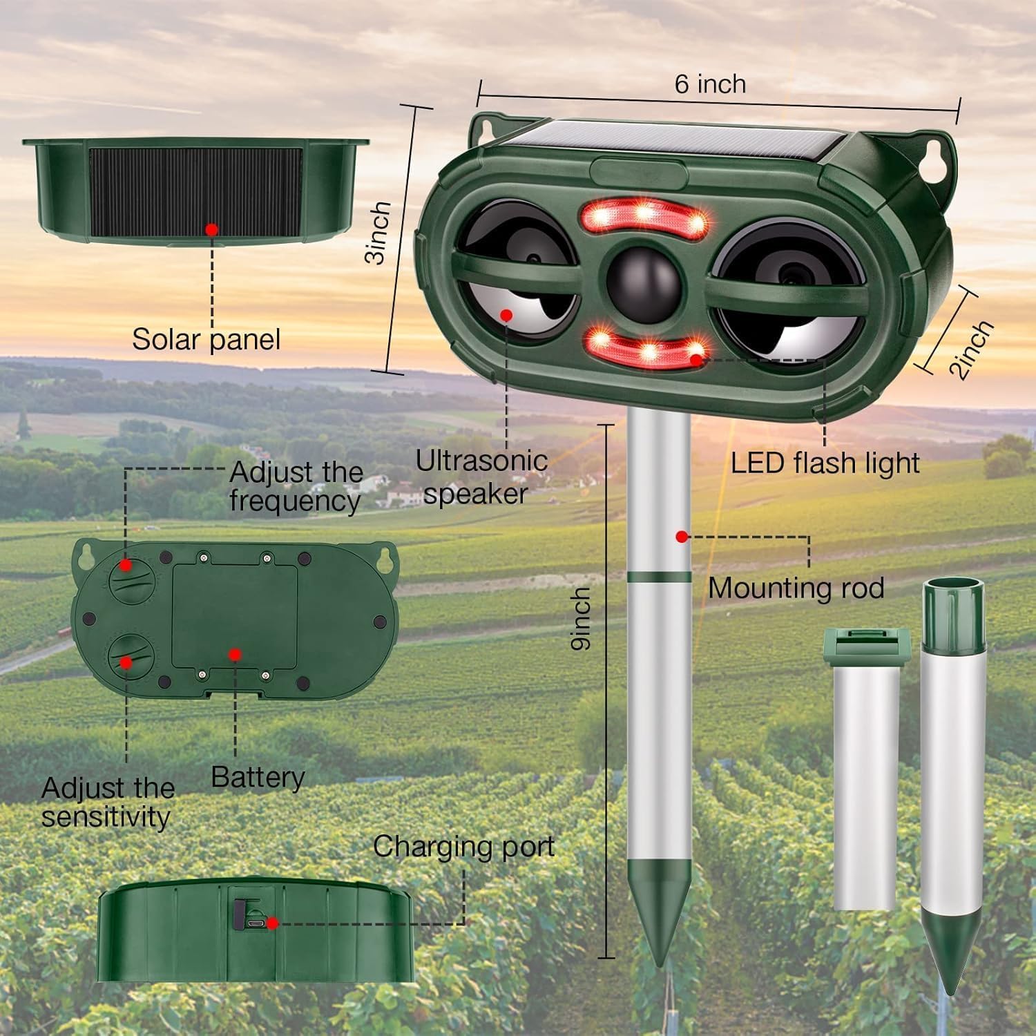 Animal Repellent Outdoor,Solar Pest Animal Repellent Outdoor,Squirrel Repellent,Racoon Repeller,Effective Deer Repellent Devices with Motion Sensor & Flashing Light for Yard Garden-Green（1 Pcs）