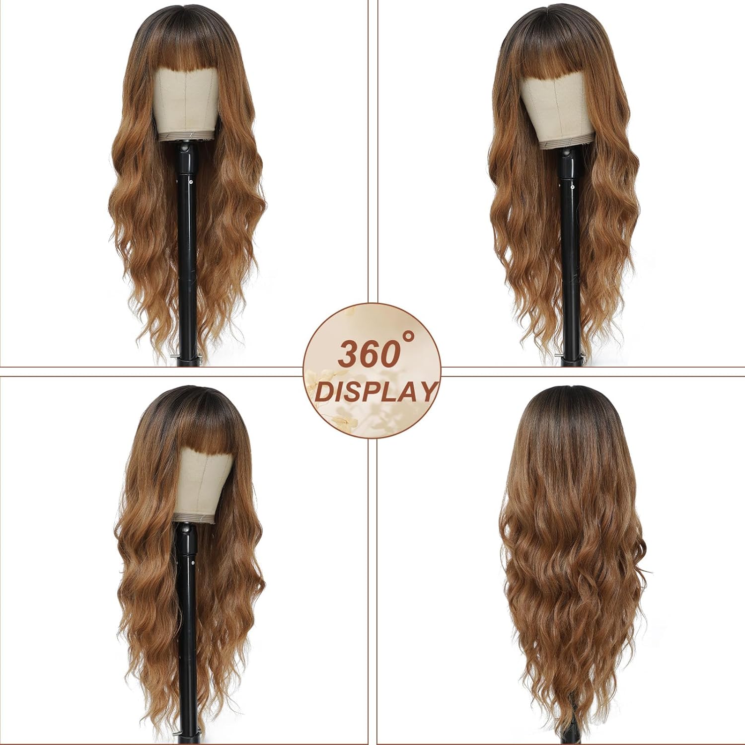 Ombre Brown Wig with Bangs for Women Long Ombre Brown Wavy Wigs 26 Inch Brown Wigs Natural Looking Heat Resistant Synthetic Wig for Daily Party Use - Image 4